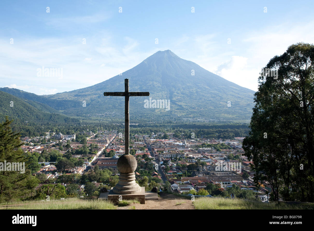Volcan Agua and the landmark Cerro de la Cruz viewpoint and view over Antigua Guatemala. Stock Photo