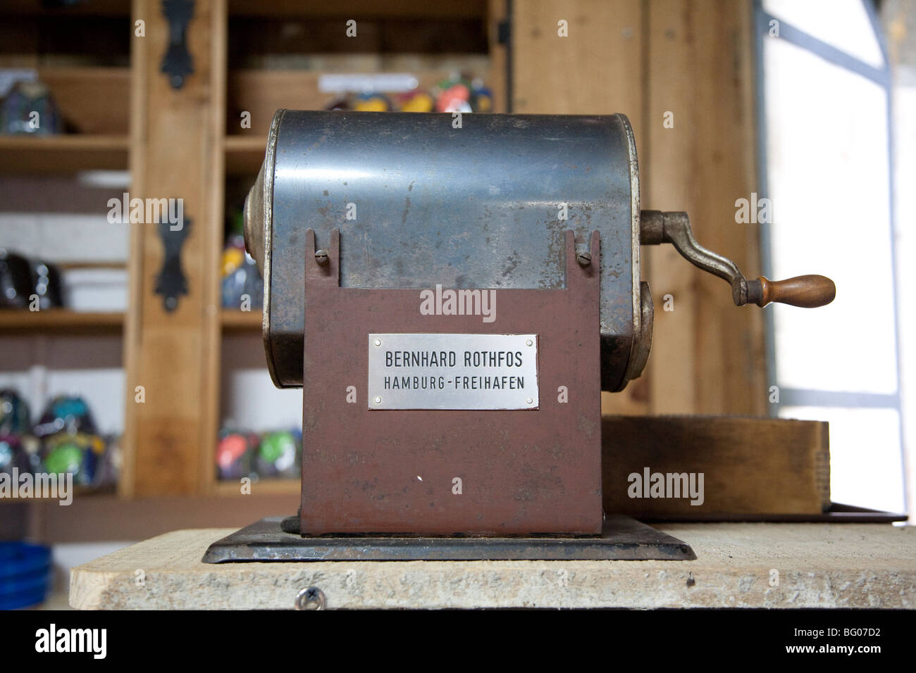 Roasting machine built by Bernhard Rothfos on the Coffee Farm Finca Los Nietos near Antigua Guatemala. Stock Photo