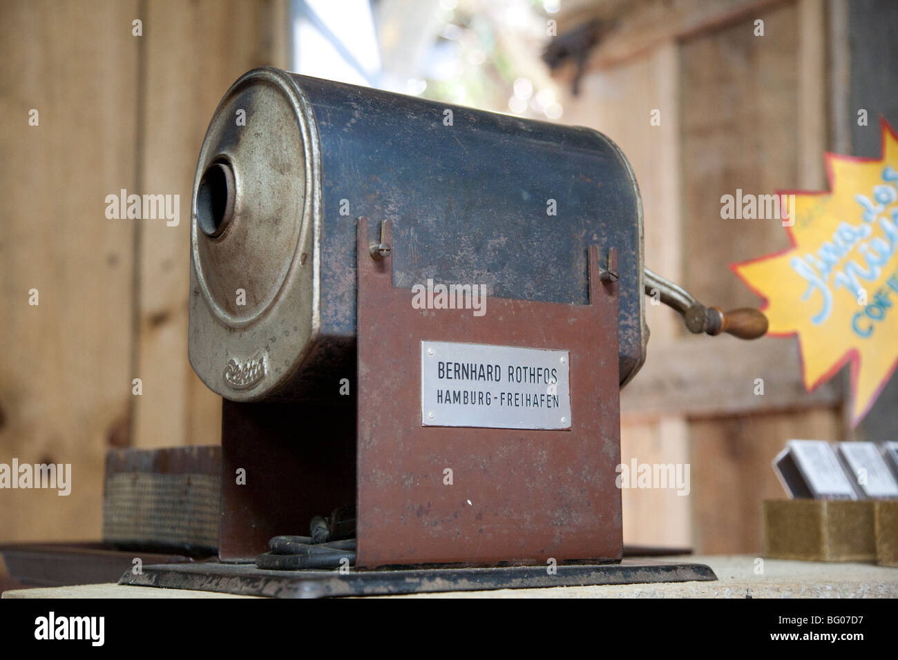 Roasting machine built by Bernhard Rothfos on the Coffee Farm Finca Los Nietos near Antigua Guatemala. Stock Photo