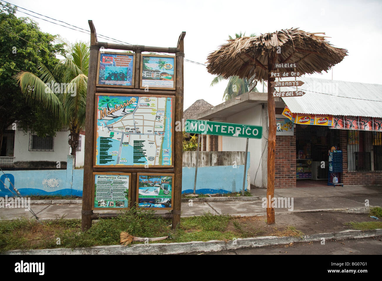 Monterrico Town Center and Sign. Monterrico Nature Reserve, Reserva Natural de Usos Multiples. Stock Photo
