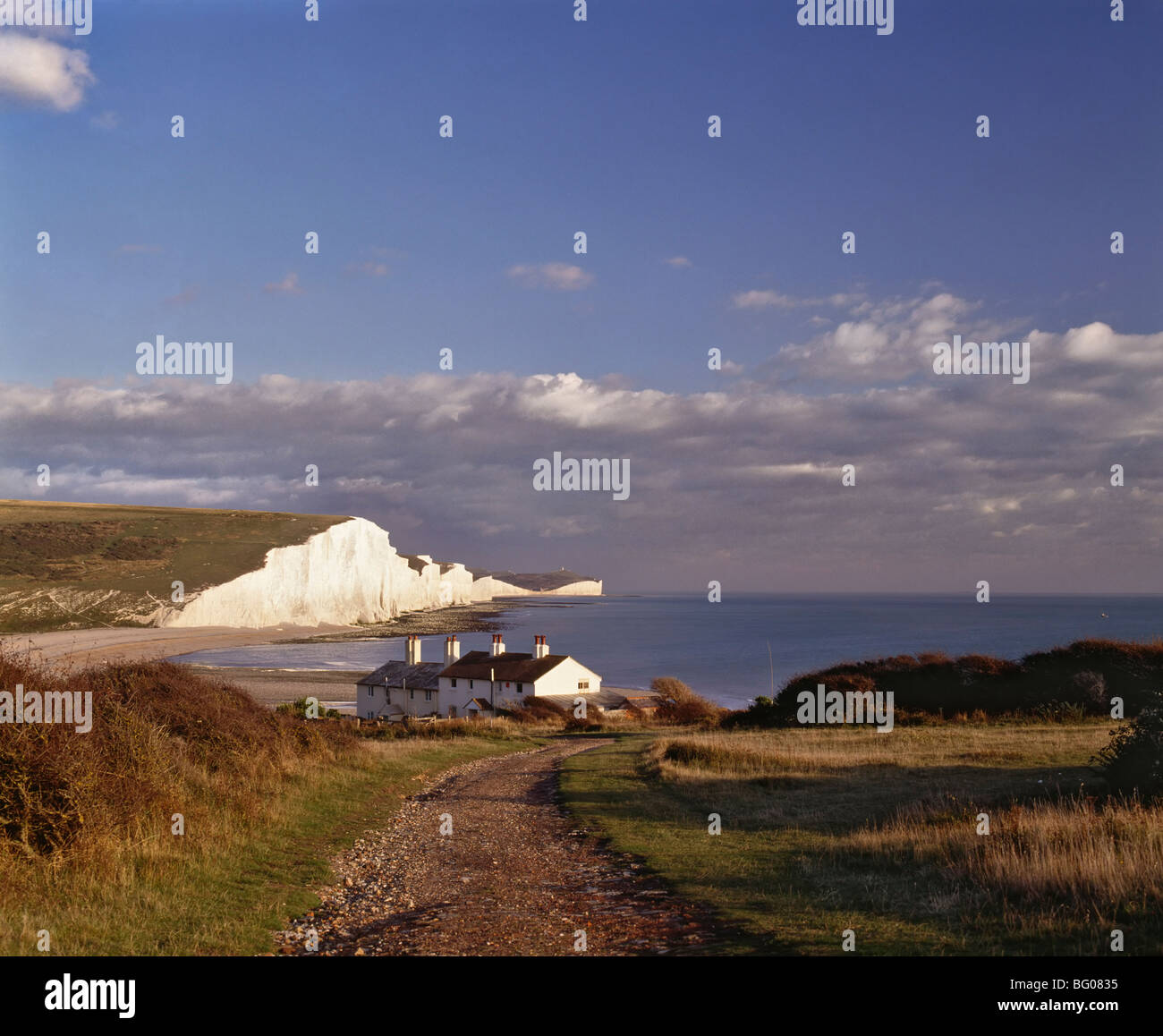White chalk cliffs of the Seven Sisters, seen from Seaford Head, Sussex, England, United Kingdom, Europe Stock Photo
