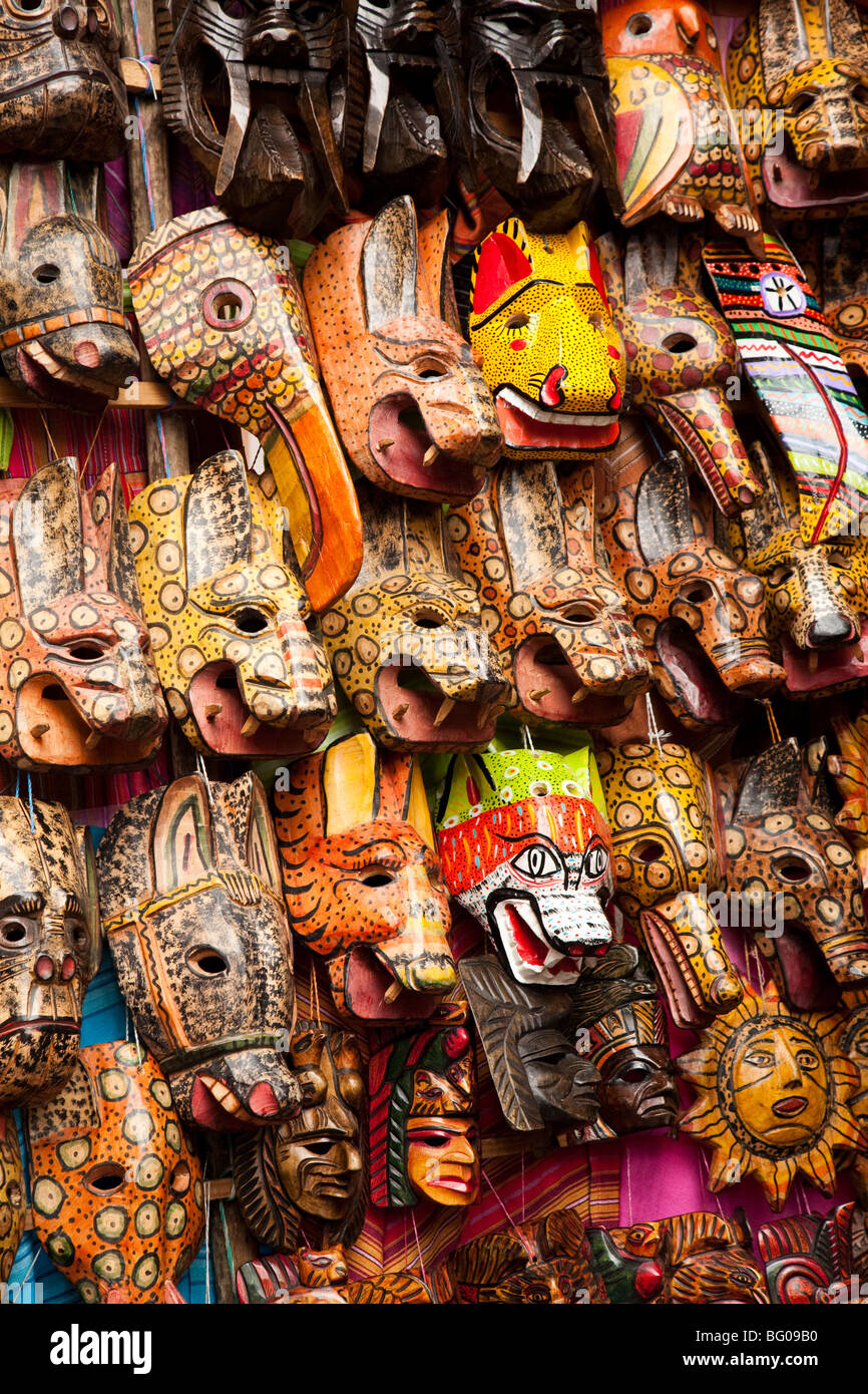 Stall selling masks at the market of Chichicastenango Guatemala. Stock Photo