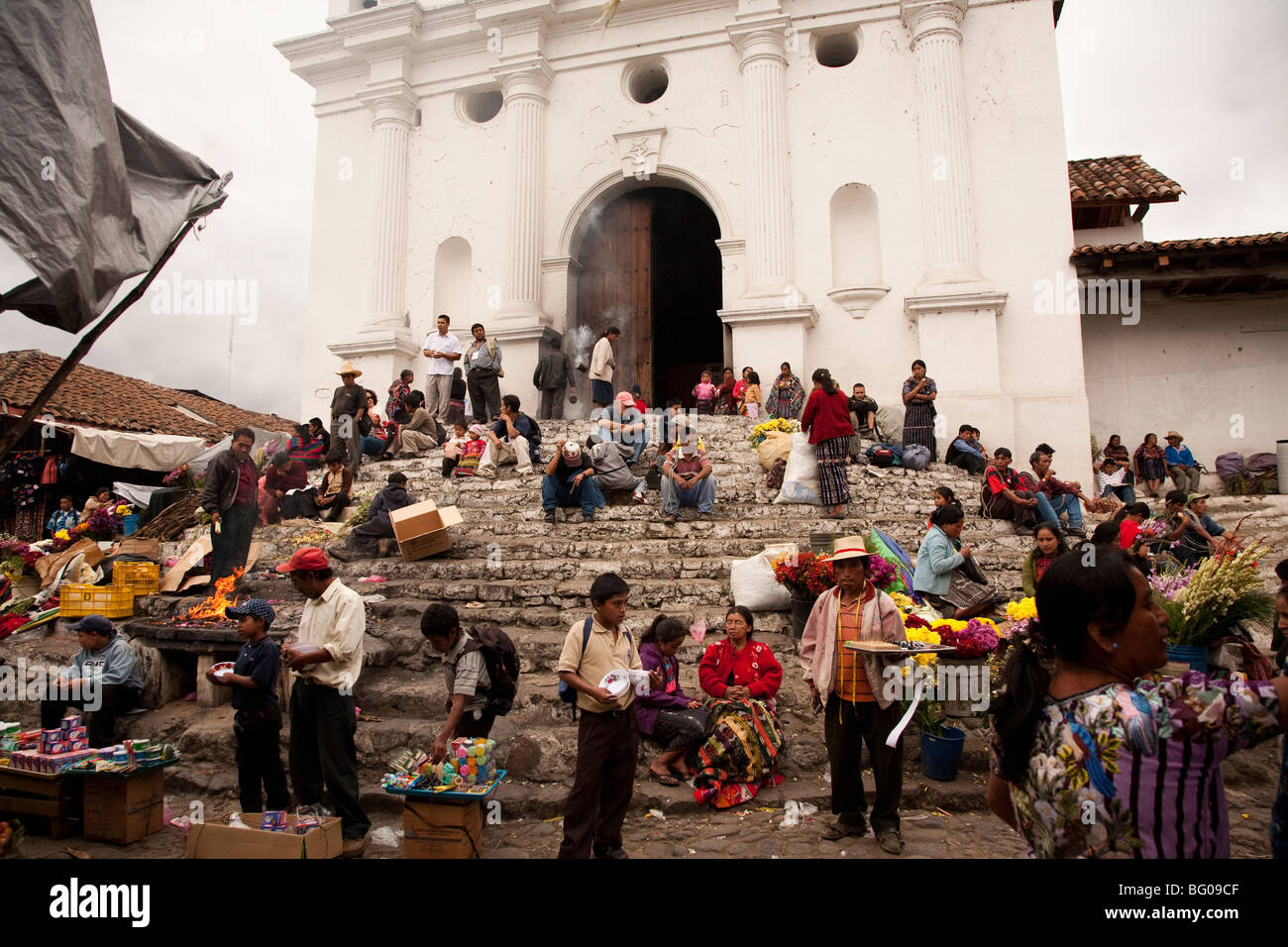 The steps leading towards Santo Tomas church at the market of Chichicastenango Guatemala. Stock Photo