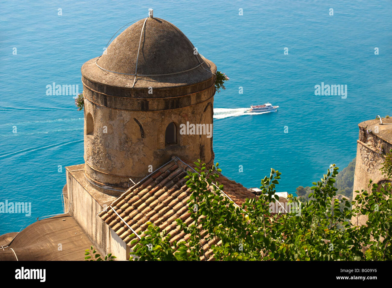 The Bell towers of Our Lady of The Anunciation church viewed from Villa Ravello, Amalfi Coast, Italy Stock Photo