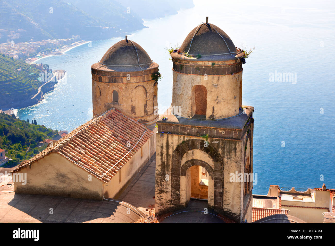 The Bell towers of Our Lady of The Anunciation church viewed from Villa Ravello, Amalfi Coast, Italy Stock Photo