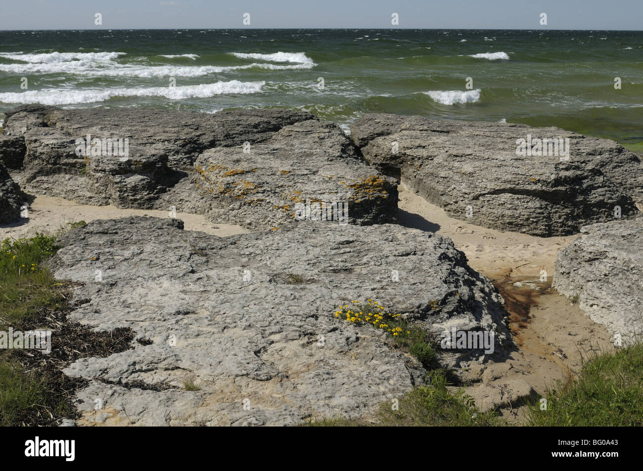 Byerums Raukar. Extraordinary limestone shapes in Byerum on the western coast of the Swedish island of Oland. Stock Photo