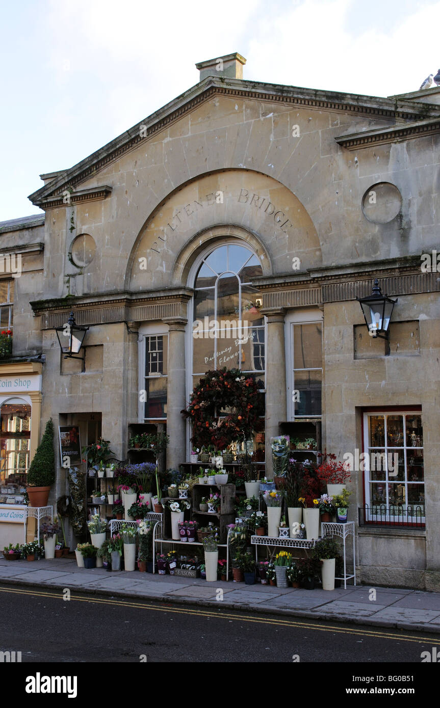 Flower shop on Pulteney Bridge in Bath city centre Somerset England UK