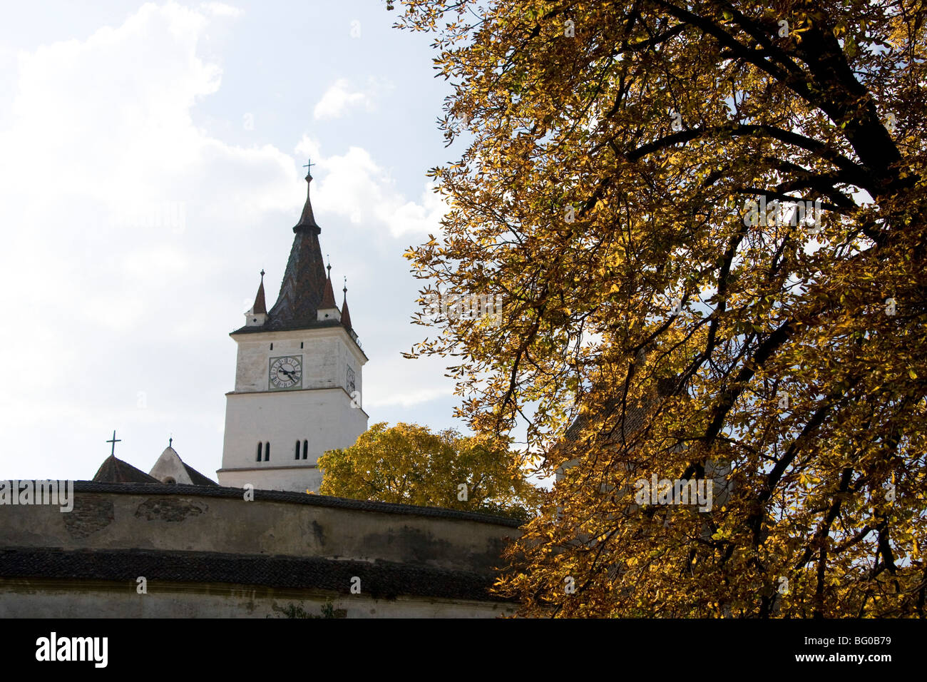 Romania, Rural Church steeple and clock Stock Photo