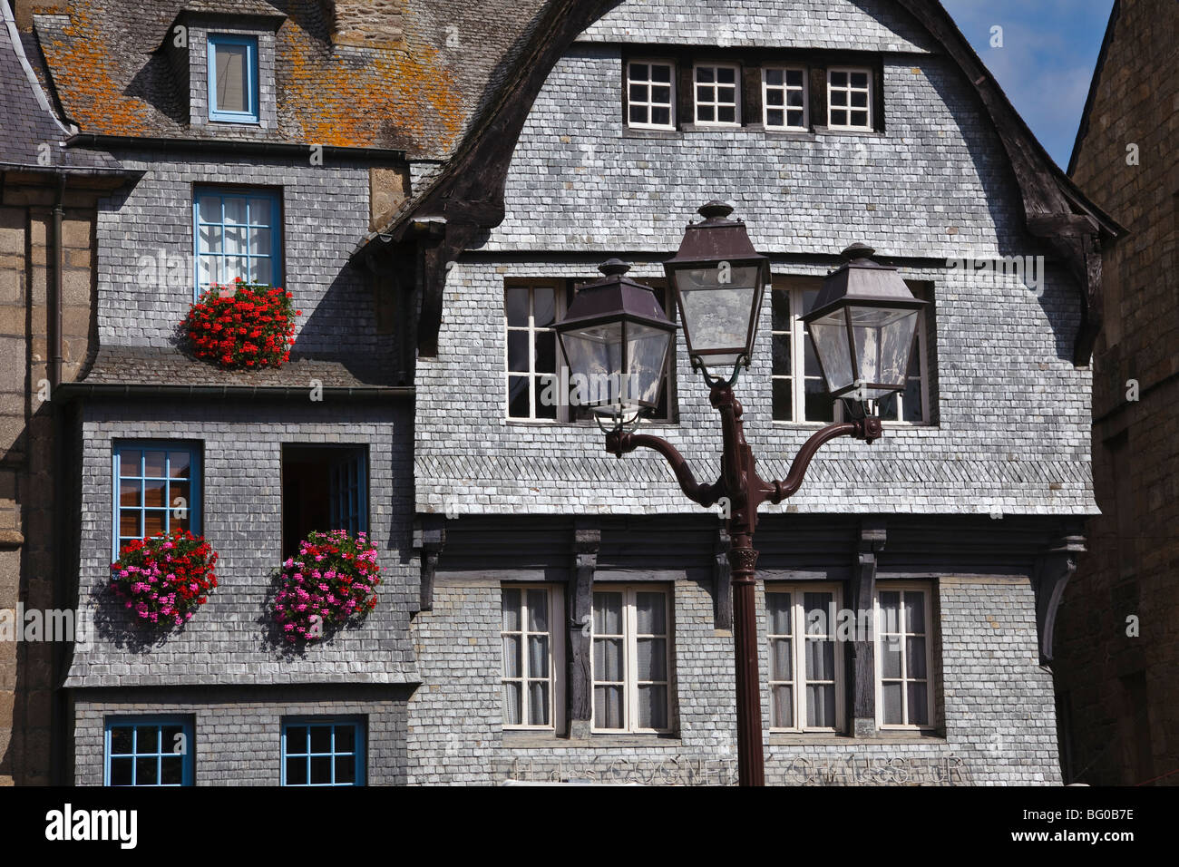 Architectural detail of shop buildings at Guingamp, Côte d’Armor, Brittany, France Stock Photo