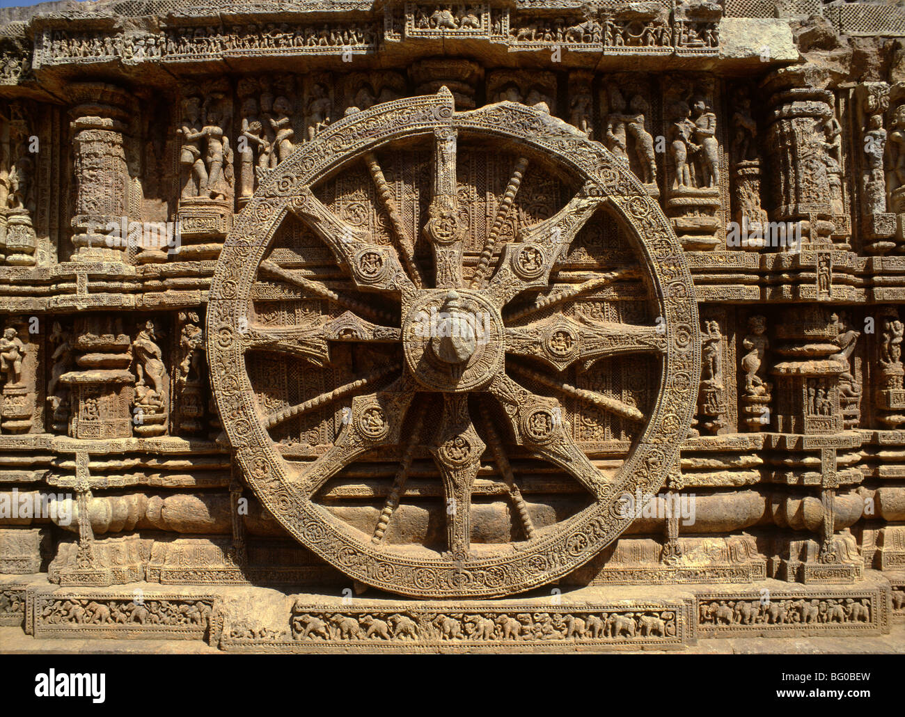 Wheel of Surya's chariot on outside of the Sun Temple, dating from the 13th century, Konarak, Orissa, India, Asia Stock Photo