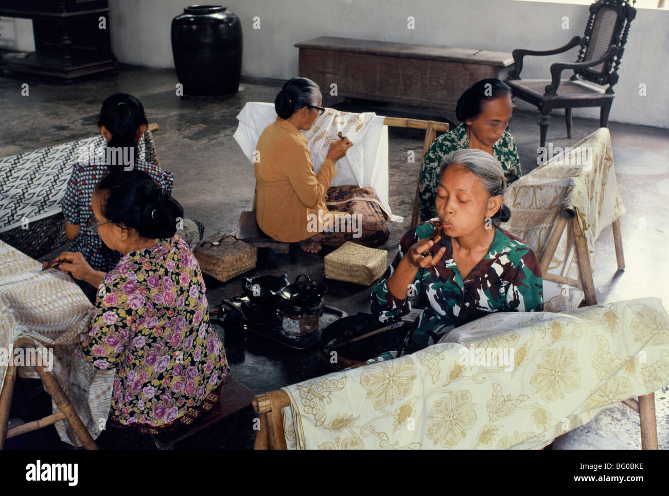 Women preparing batik for painting in Solo, Java, Indonesia, Southeast Asia, Asia Stock Photo