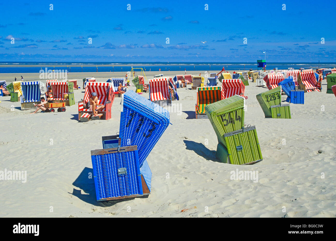 basket chairs at the main beach of Langeoog Island, East Friesland, Lower Saxony, Germany Stock Photo