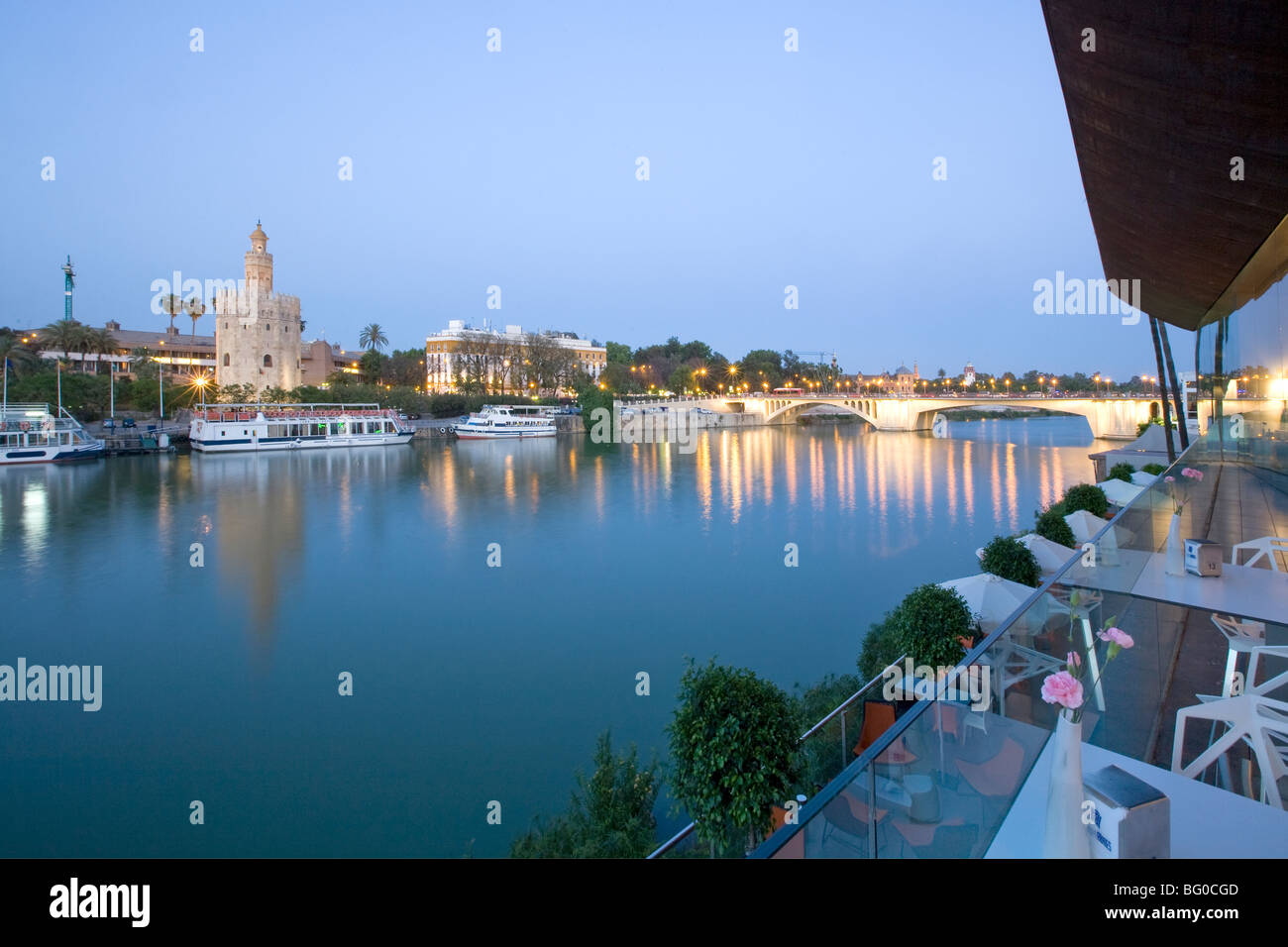 Tourist resort at the riverside, Torre Del Oro, Seville, Spain Stock Photo