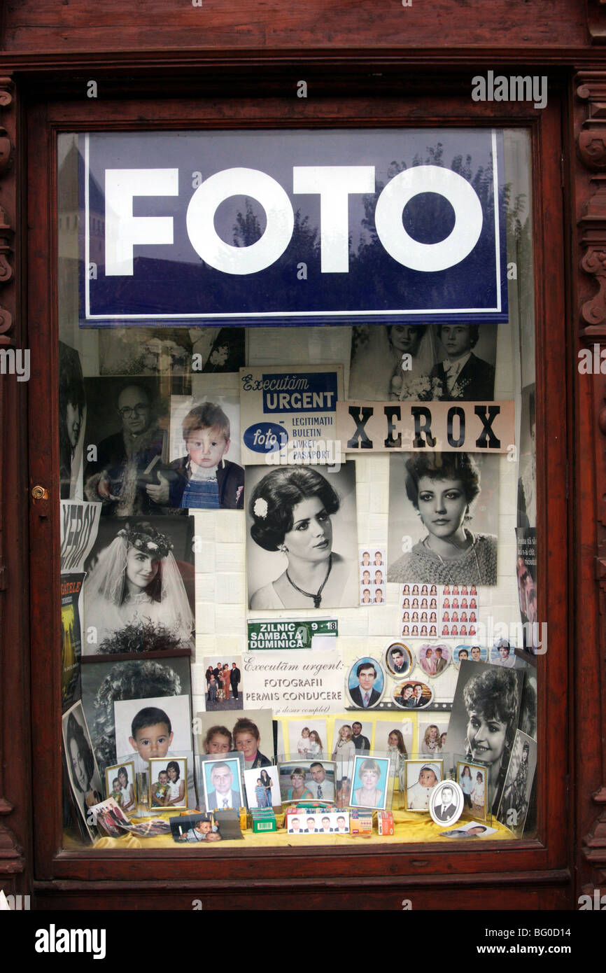 Romania, Transylvania, Biertan, old style photography shop window Stock Photo