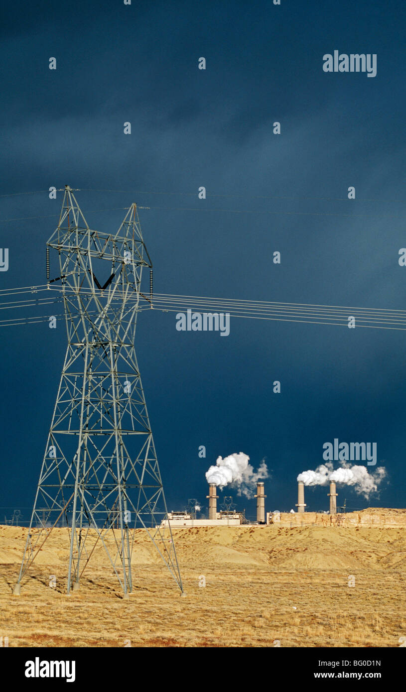 Power lines and a power plant Stock Photo Alamy