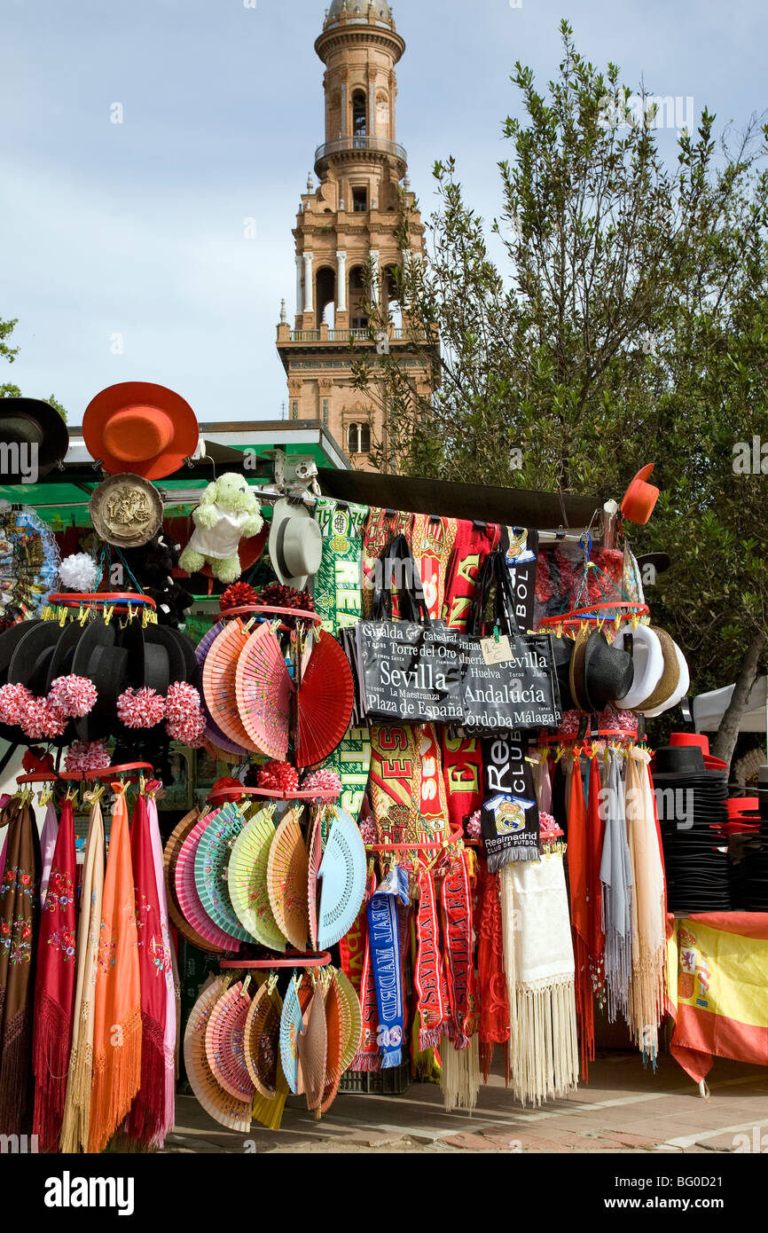 Market stall in front of a palace, Plaza De Espana, Seville, Andalusia, Spain Stock Photo