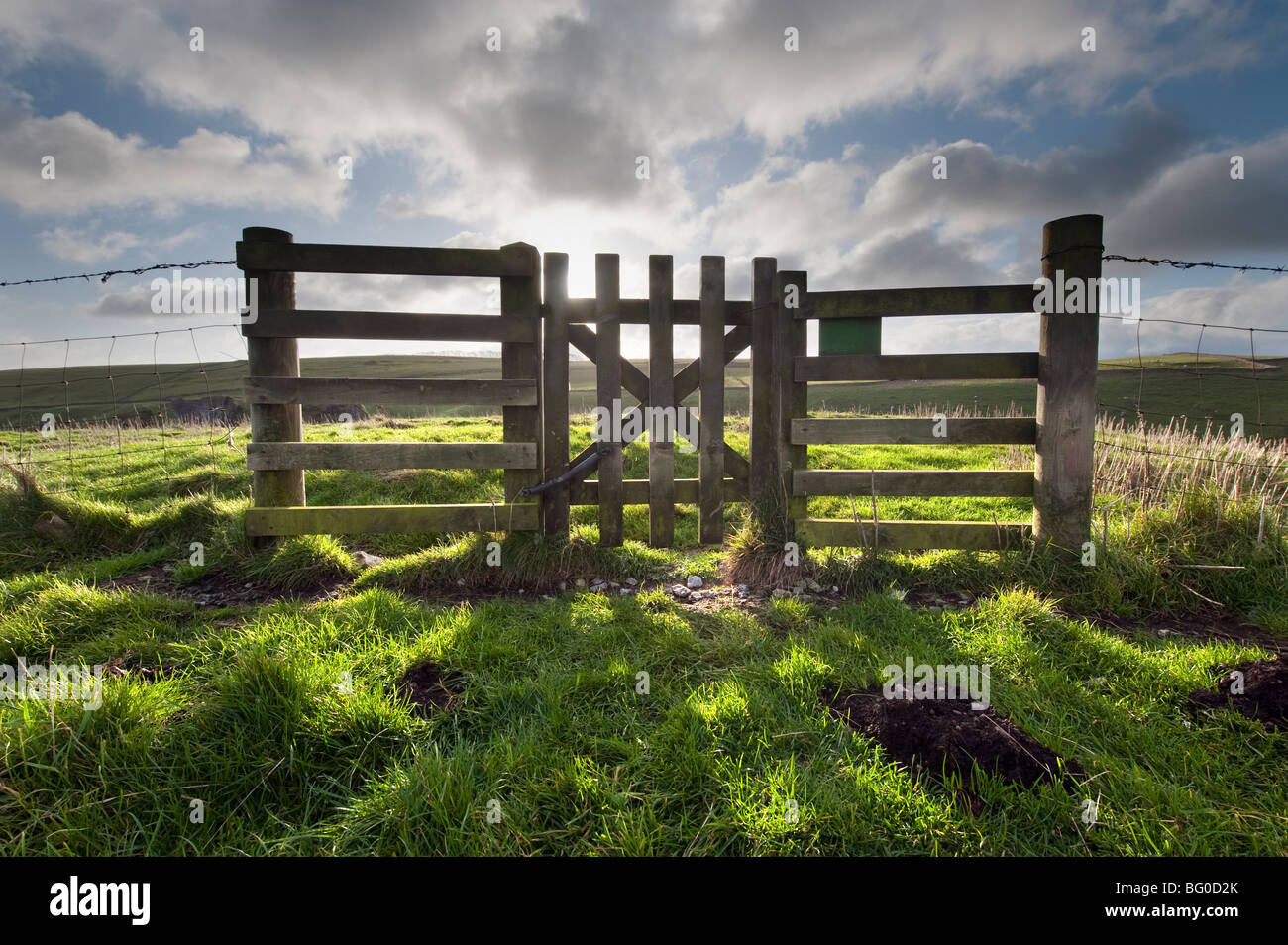 Field gate with fencing and wire netting Stock Photo