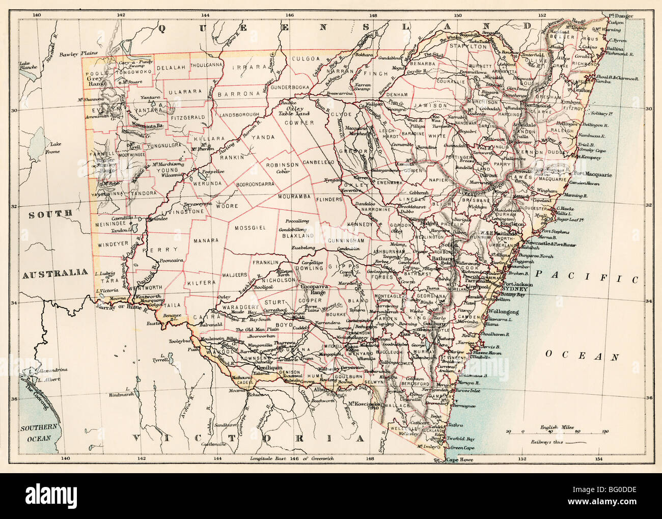 Map of New South Wales, Australia, 1870s. Color lithograph Stock Photo