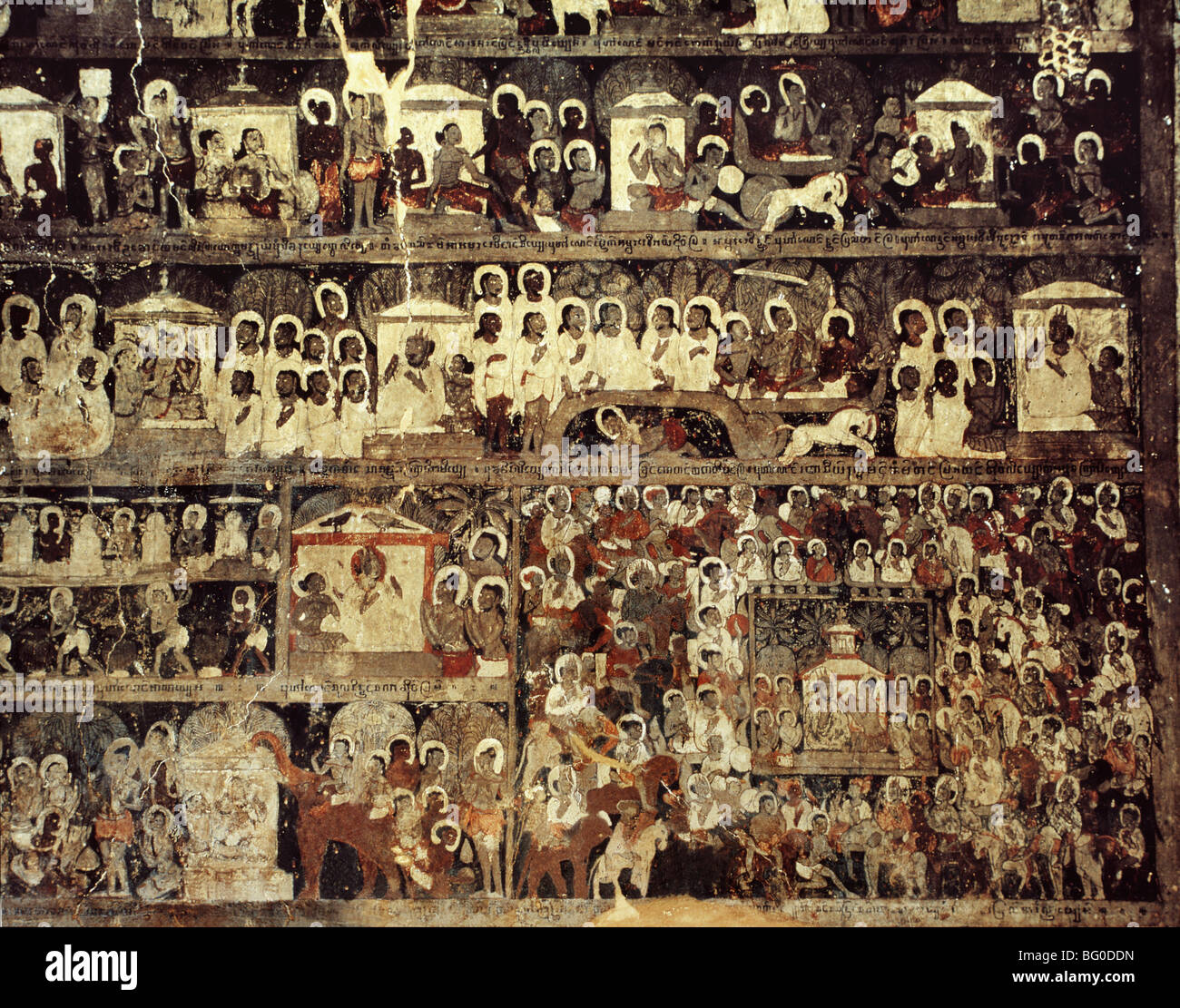 Sequential scenes from ten last Jataka stories, hall of Lokahteikpan Temple, Bagan (Pagan), Myanmar (Burma) Stock Photo