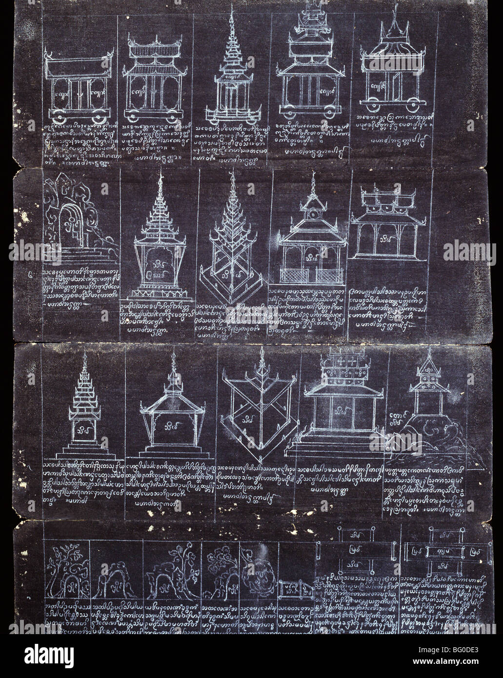 Details of buildings drawn with white Steatite Crayon on black Parabaik (folding manuscript), Yangon (Rangoon), Myanmar (Burma) Stock Photo