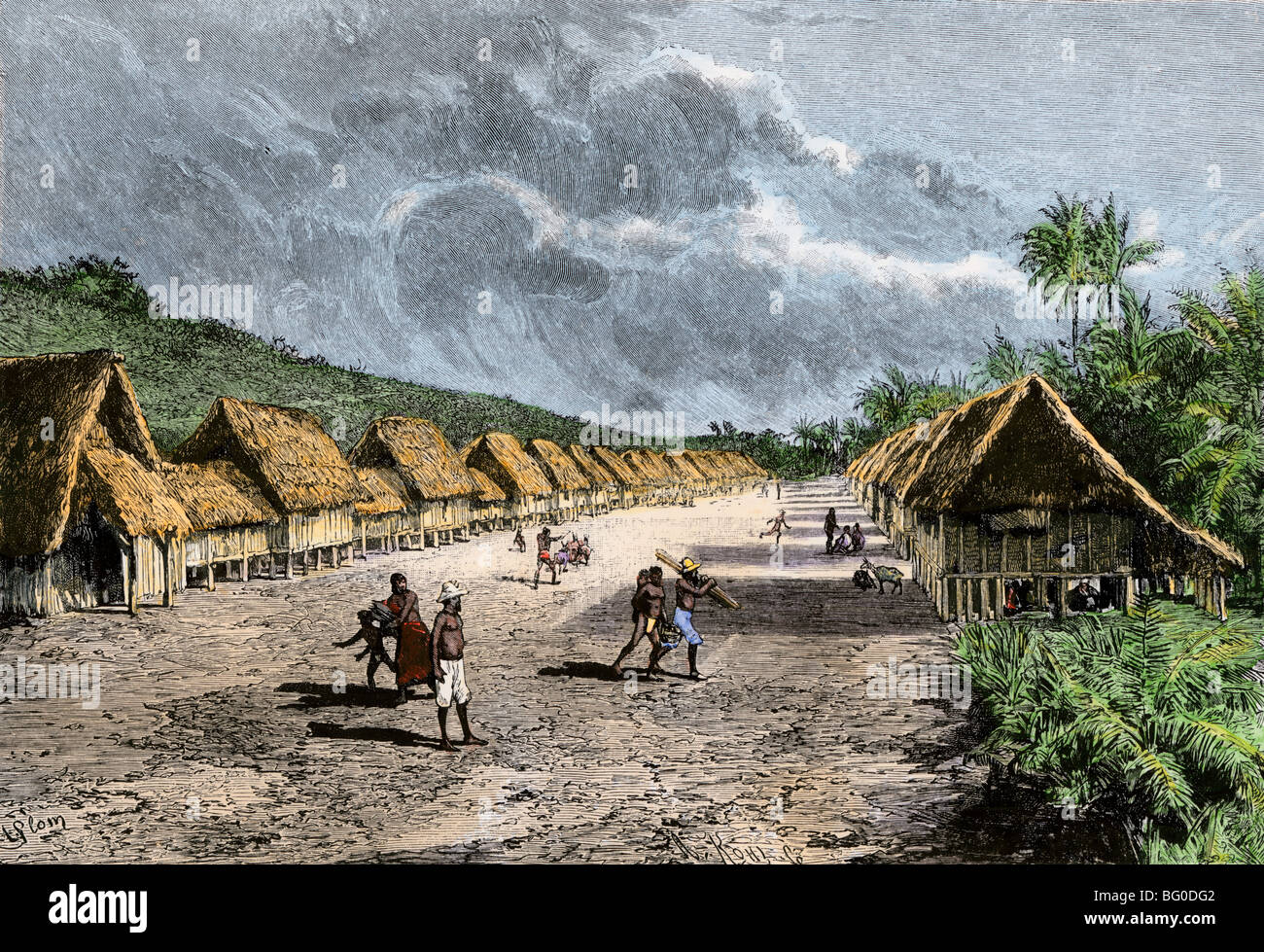 Saipan island village in the Mariana Islands, 1800s. Handcolored Stock