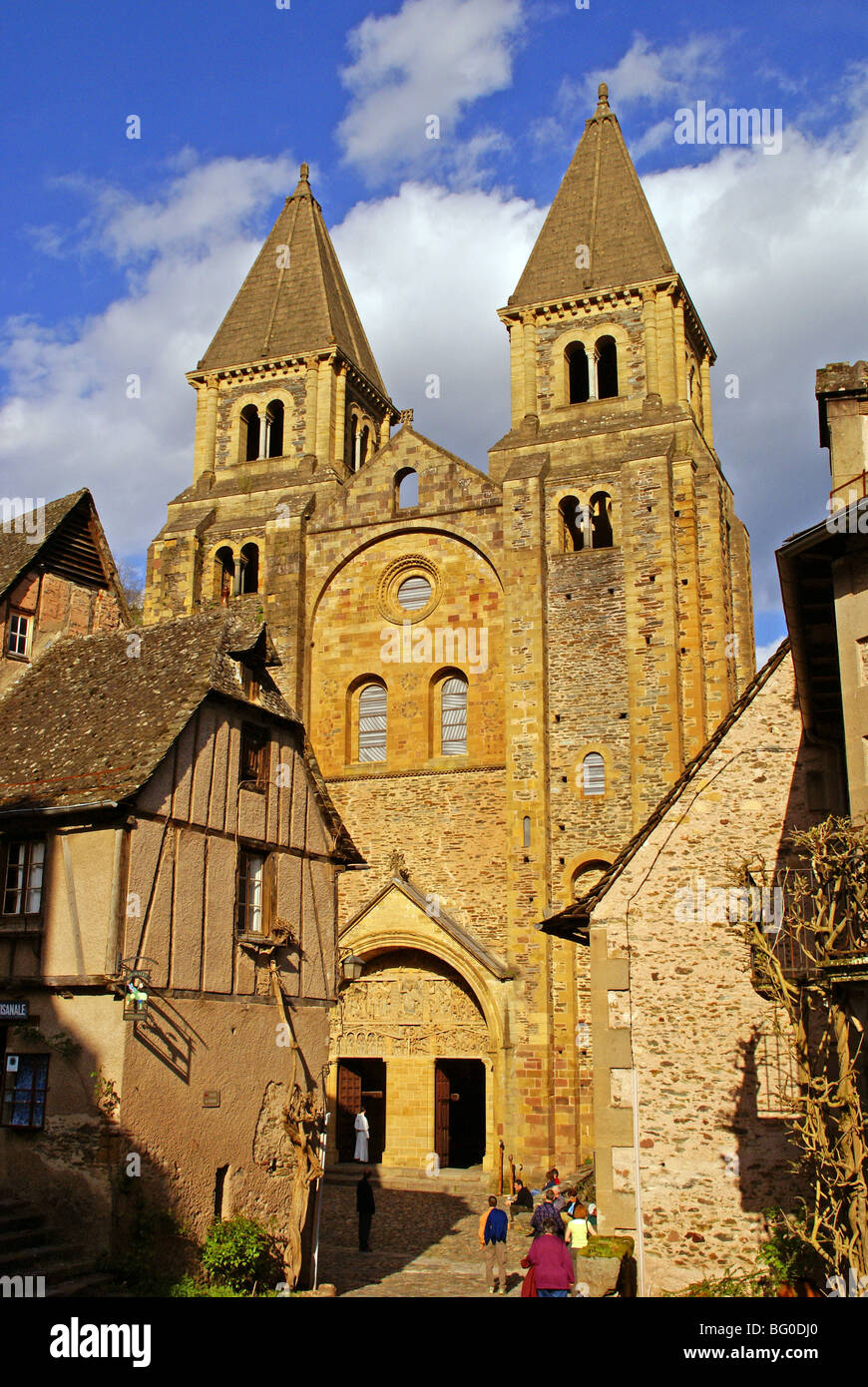 The old pilgrimage town of Conques in France, and the Abbey Church of Sainte Foy. Stock Photo