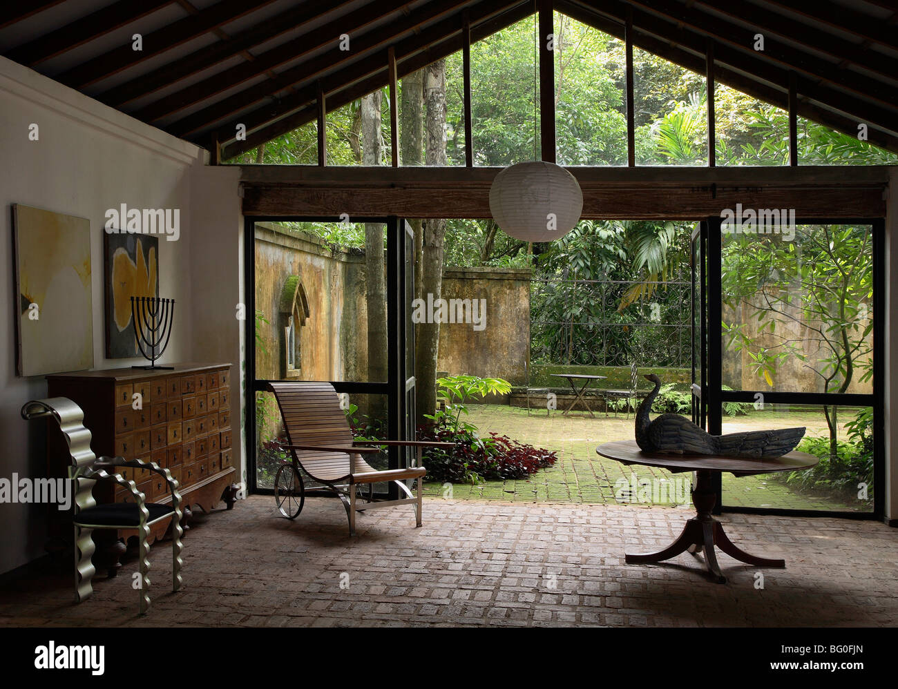 Interior of Lunuganga Garden Estate, garden developed by Geoffrey Bawa who lived between 1919 and 2003, Bentota, Sri Lanka, Asia Stock Photo