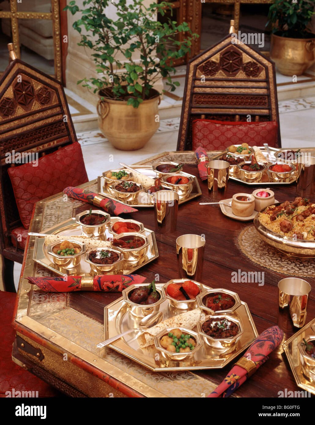 Table with Indian Cuisine in India, Asia Stock Photo