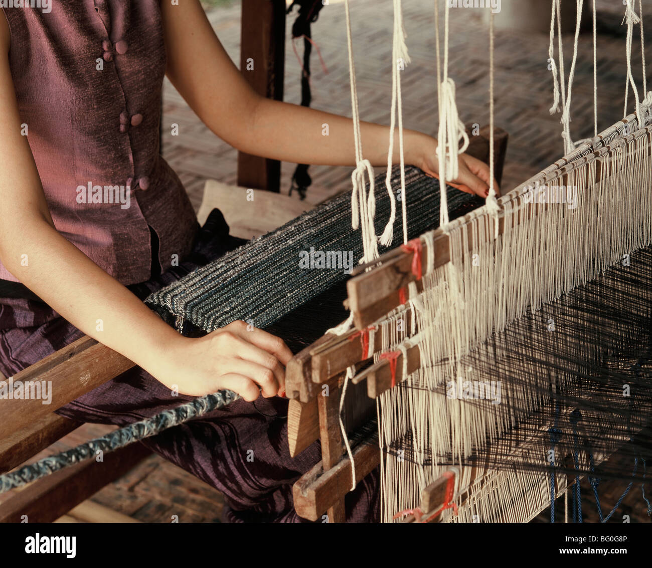 Weaving cotton in Chiang Mai, Thailand, Southeast Asia, Asia Stock