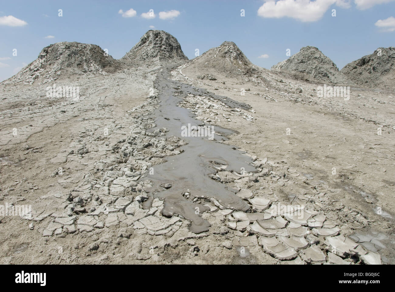 Active mud flow from line of mud volcanoes, in the Firuze crater, Gobustan, Baku, Azerbaijan, Central Asia, Asia Stock Photo