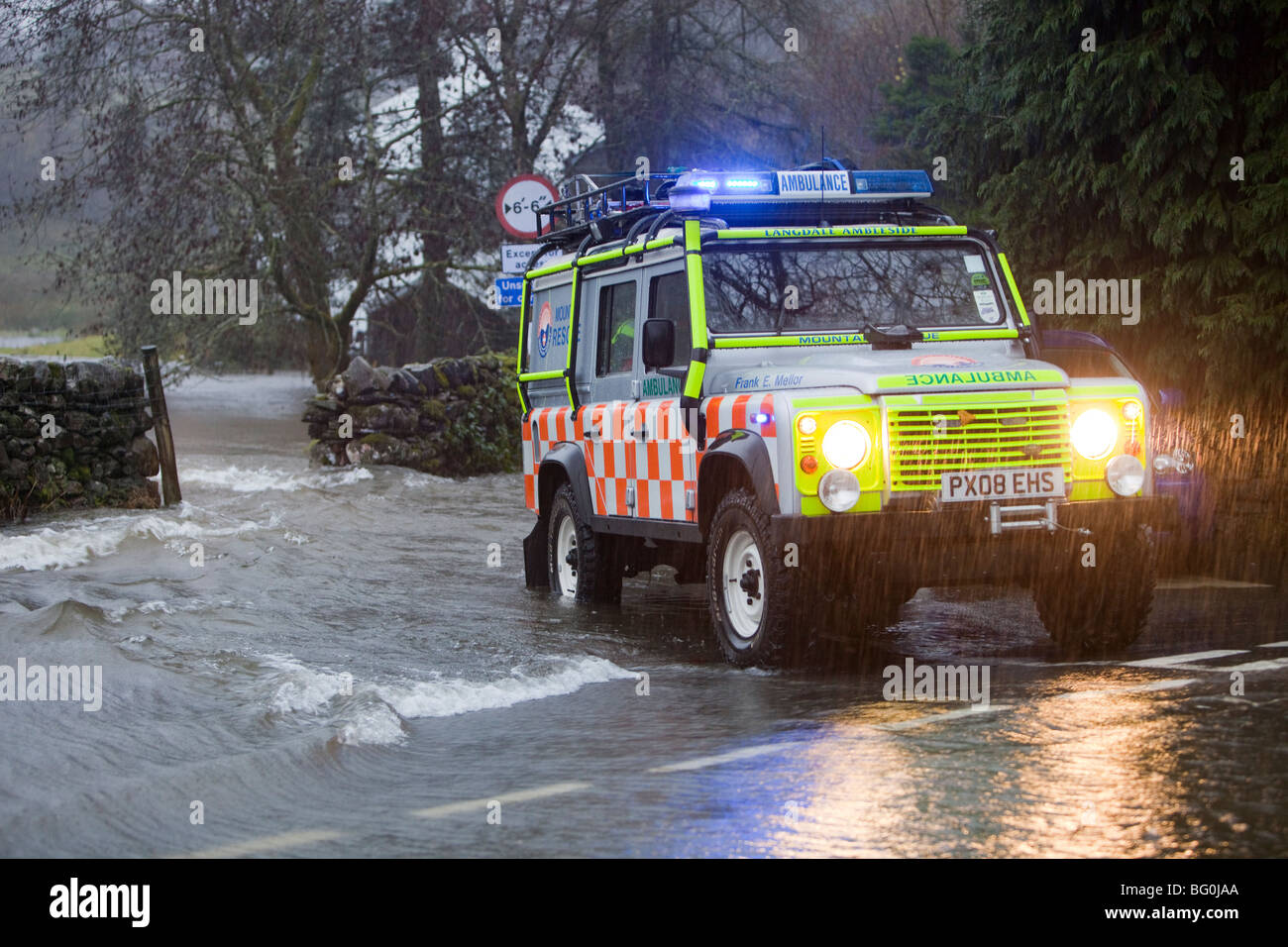 mountain rescue workers during the devastating November 2009 floods, Cumbria, UK. Stock Photo
