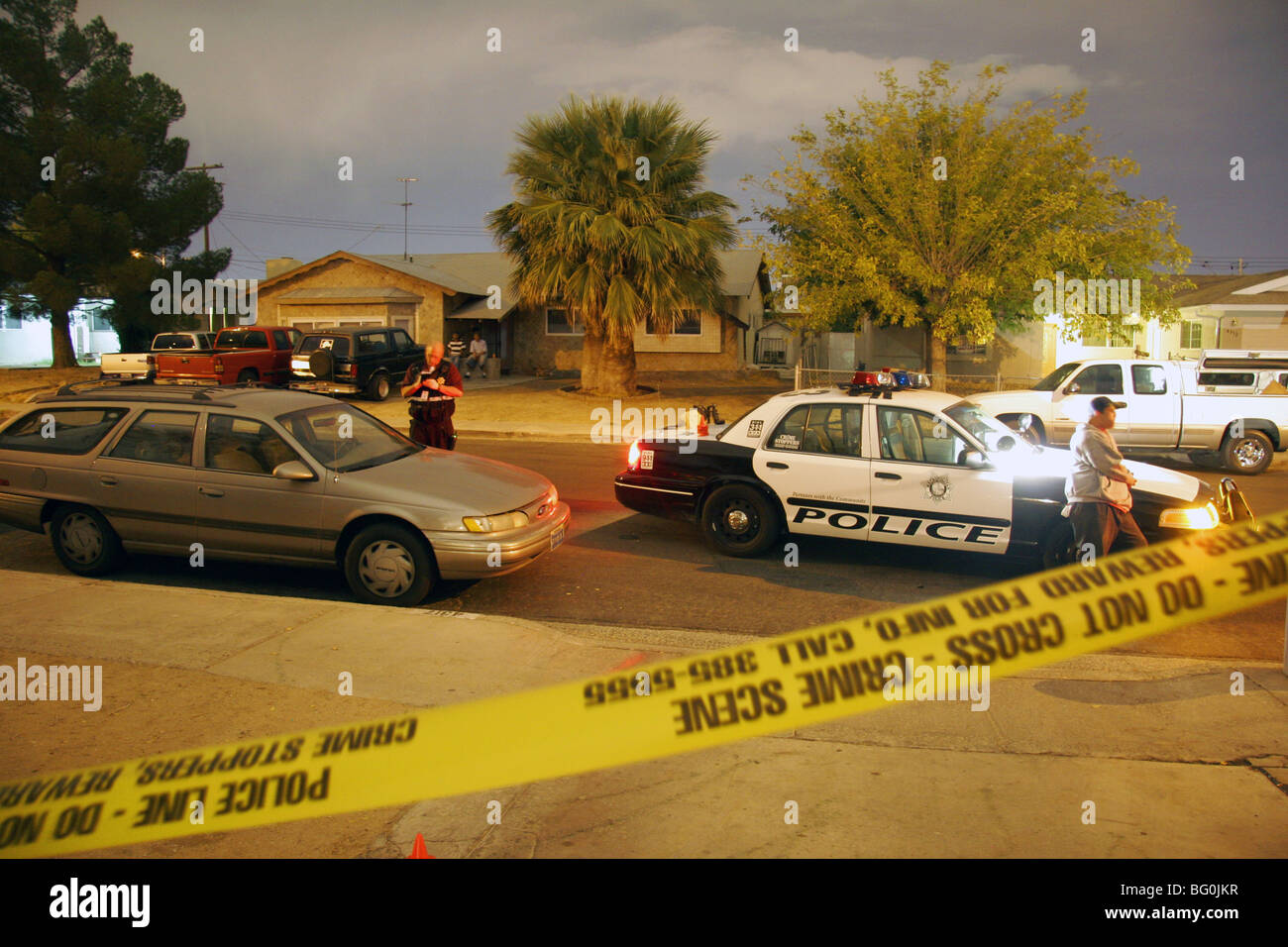 Las Vegas police and CSI at a crime scene late at night, Las Vegas, Nevada, USA. Stock Photo