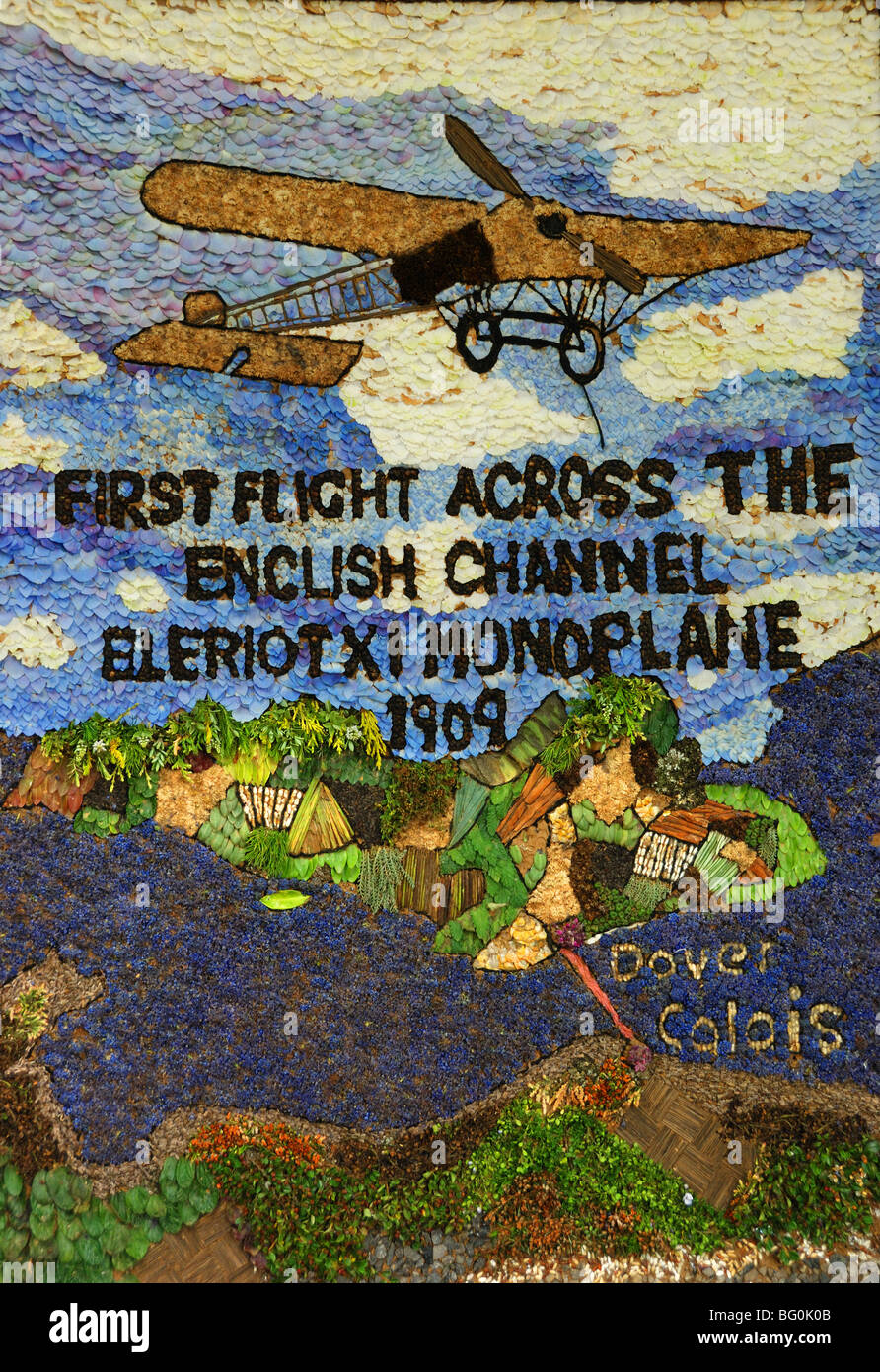 Well dressing in Cressbrook,Derbyshire,England, depicting Bleriot's first flight across the English Channel in 1909 Stock Photo