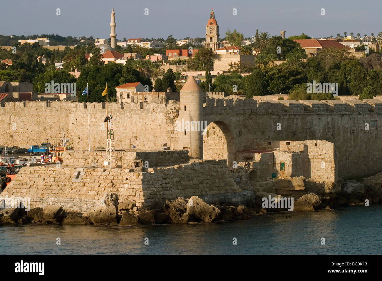 Old city walls, Rhodes, Dodecanese, Greek Islands, Greece, Europe Stock Photo