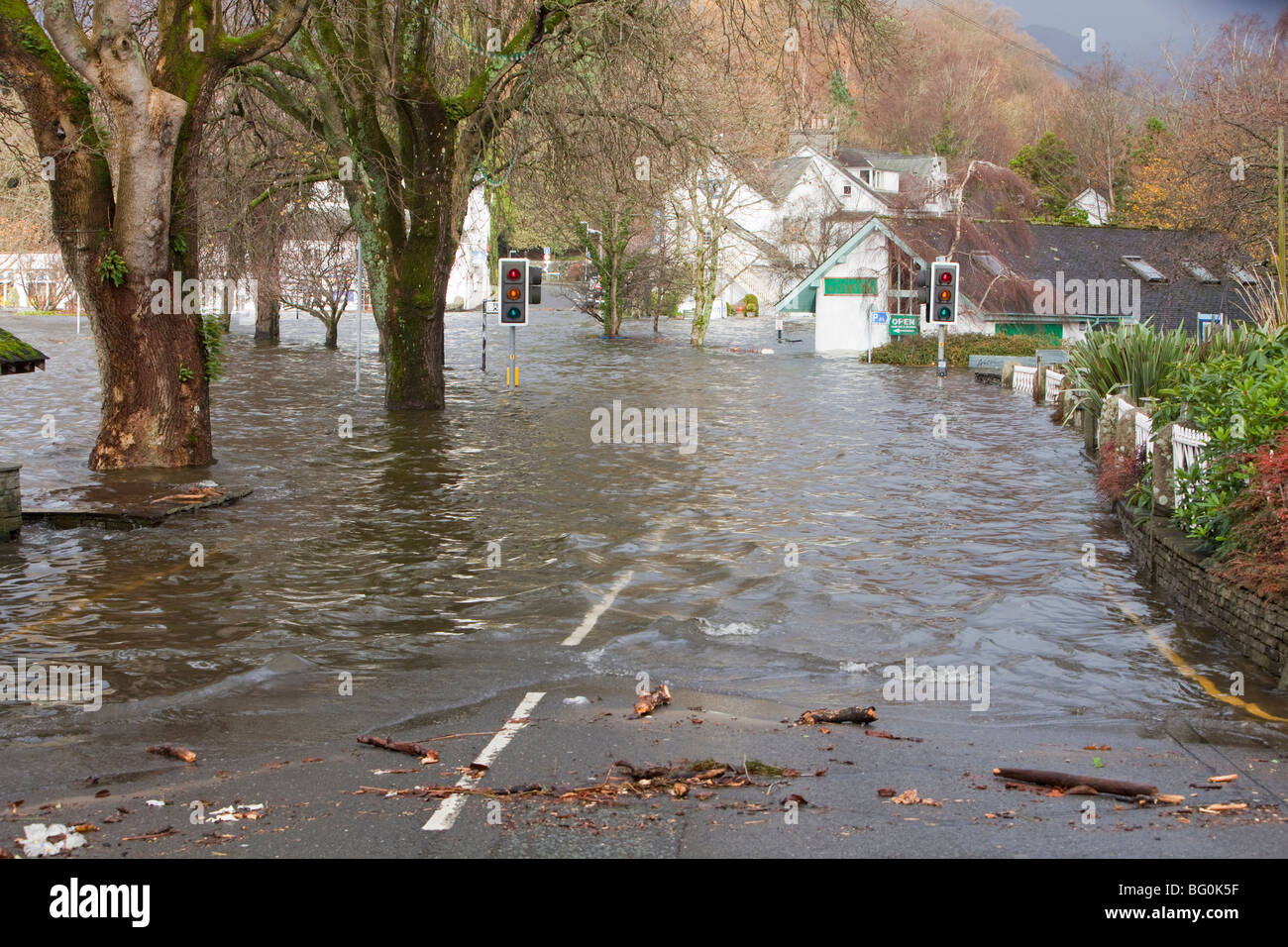 Ambleside during the devastating November 2009 floods, Cumbria, UK. Stock Photo