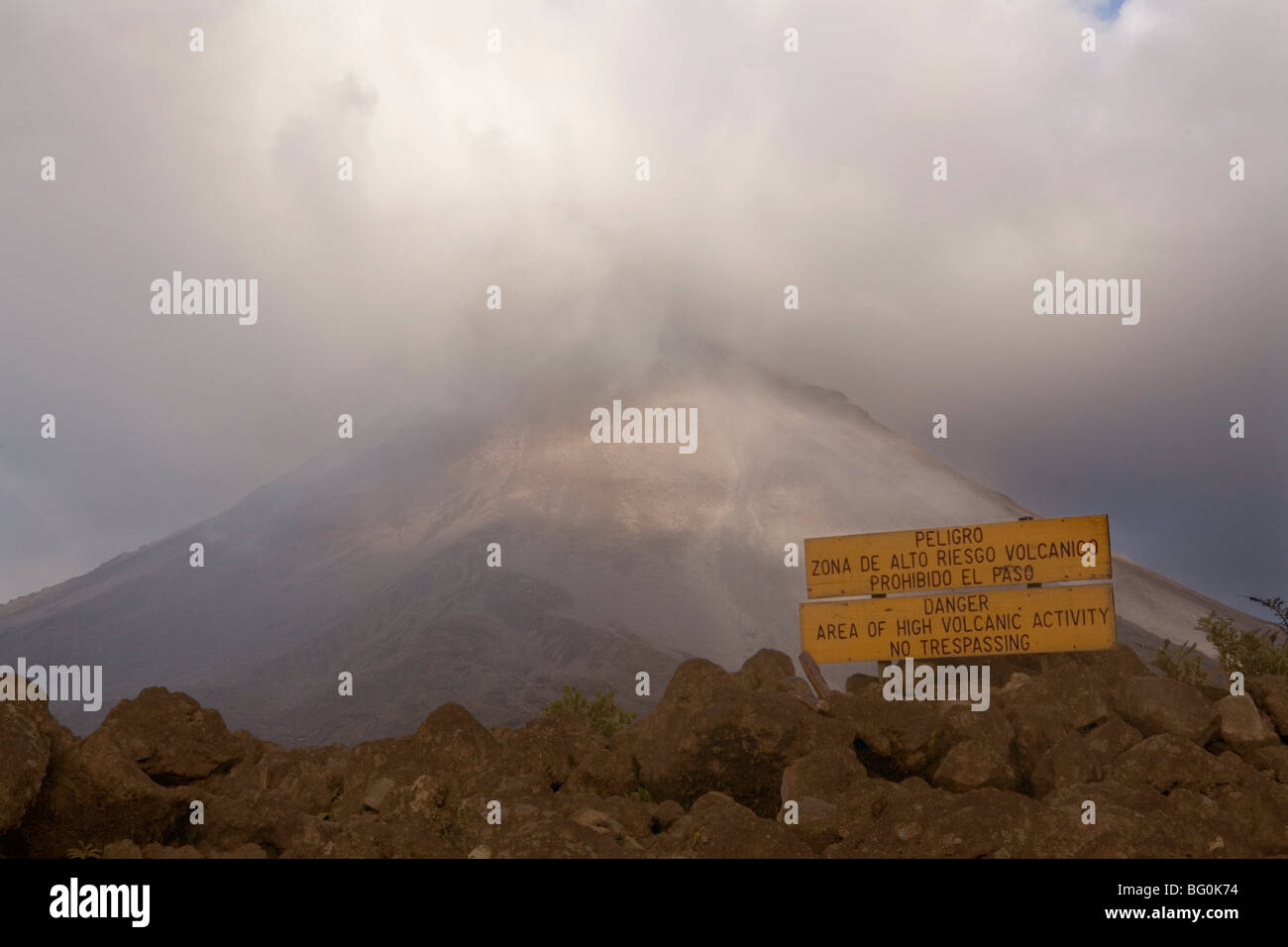 Warning notice, Arenal volcano, Costa Rica, Central America Stock Photo