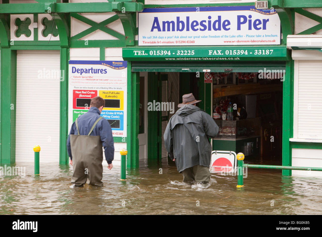 Waterhead pier on Windermere in Ambleside during the devastating November 2009 floods, Cumbria, UK. Stock Photo