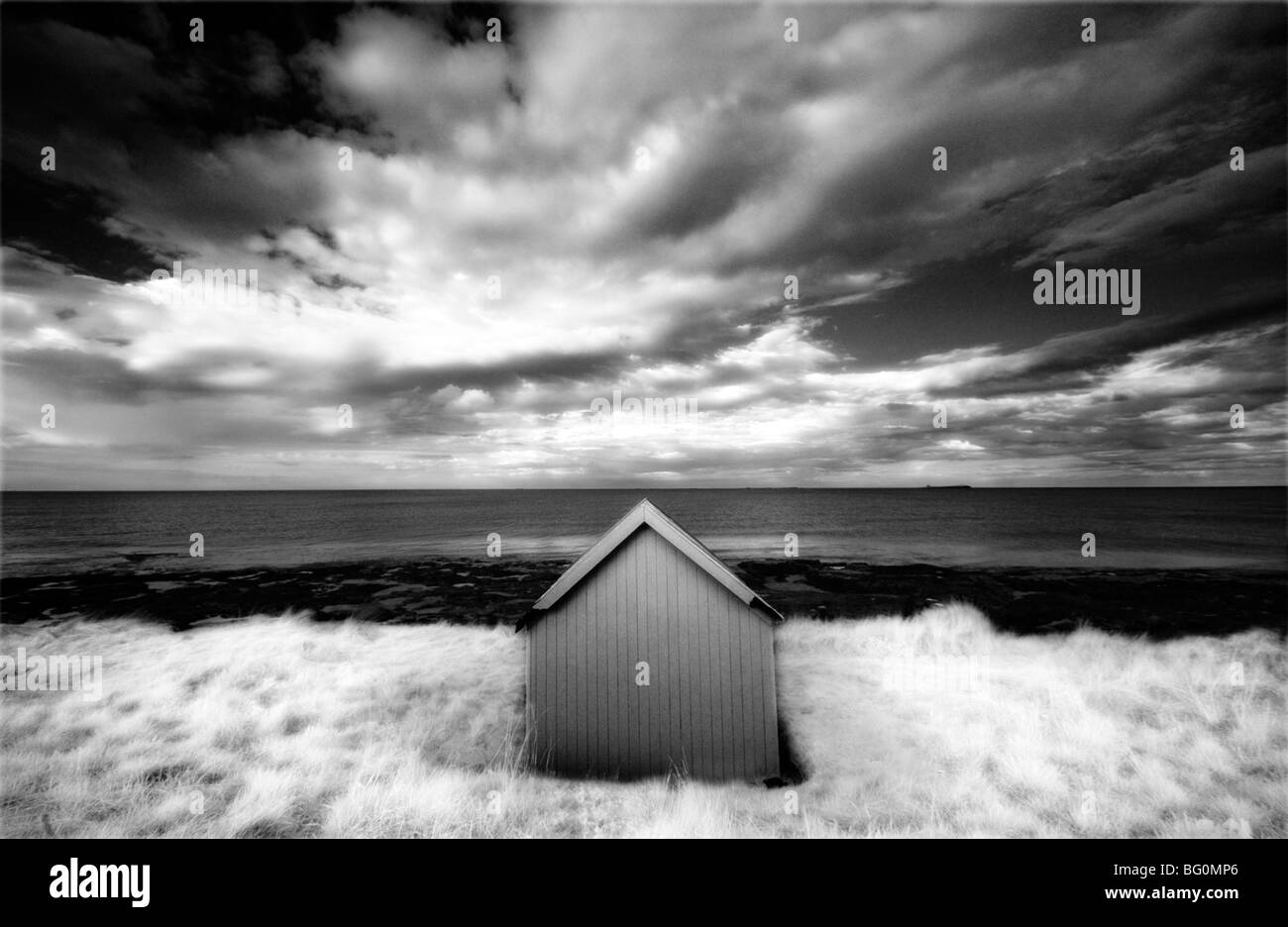 Infrared image of hut in dunes overlooking the North Sea, Bamburgh, Northumberland, England, United Kingdom, Europe Stock Photo