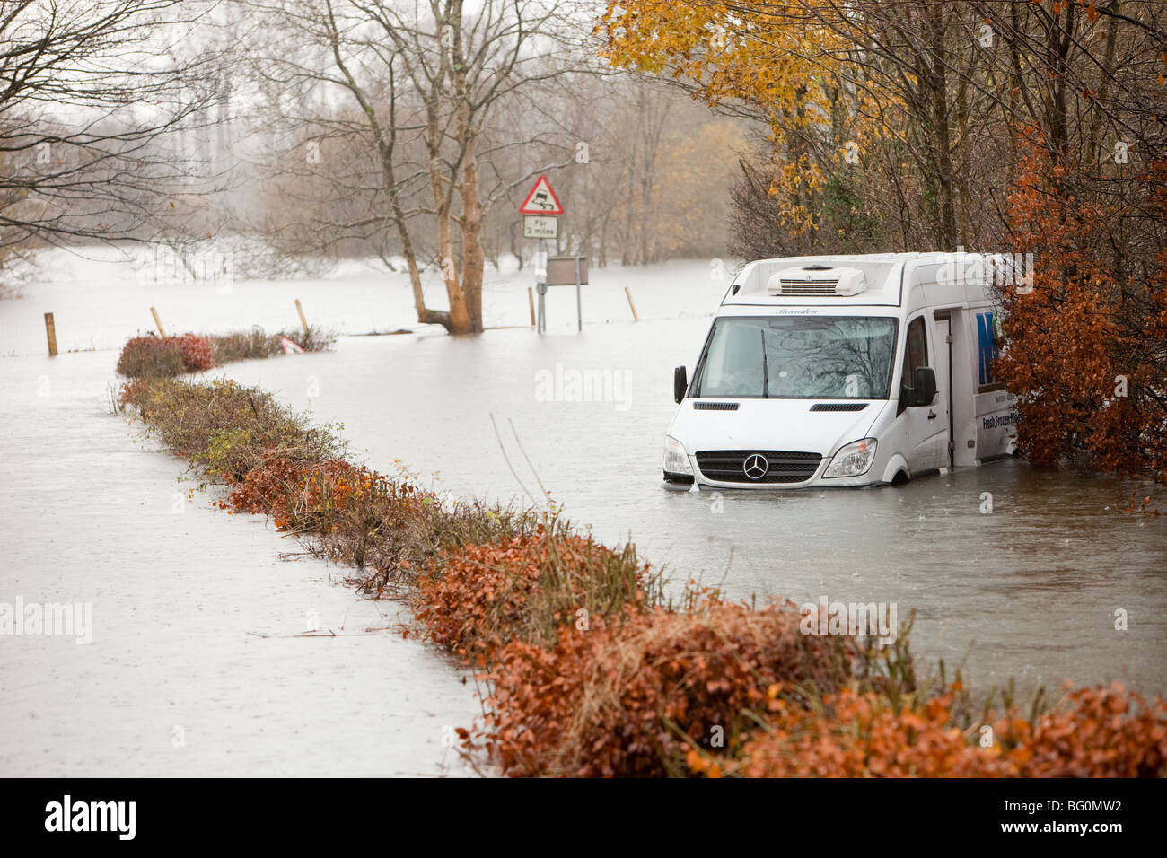 A road in Ambleside impassable during the devastating November 2009 floods, Cumbria, UK. Stock Photo