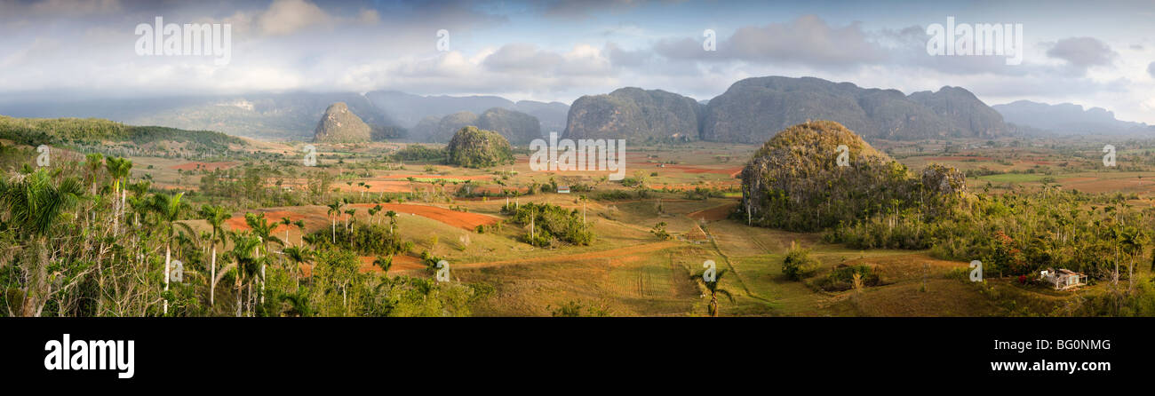 Panoramic view of the Vinales Valley showing limestone hills known as Mogotes, Vinales, Cuba, West Indies Stock Photo