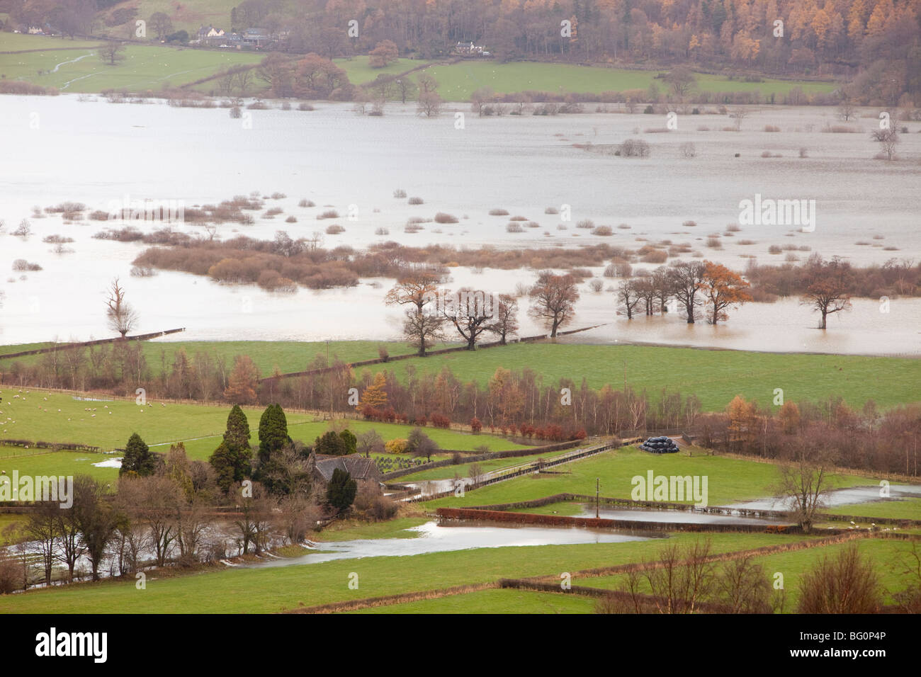Flooded farmland near Keswick during the devastating November 2009 floods. Stock Photo