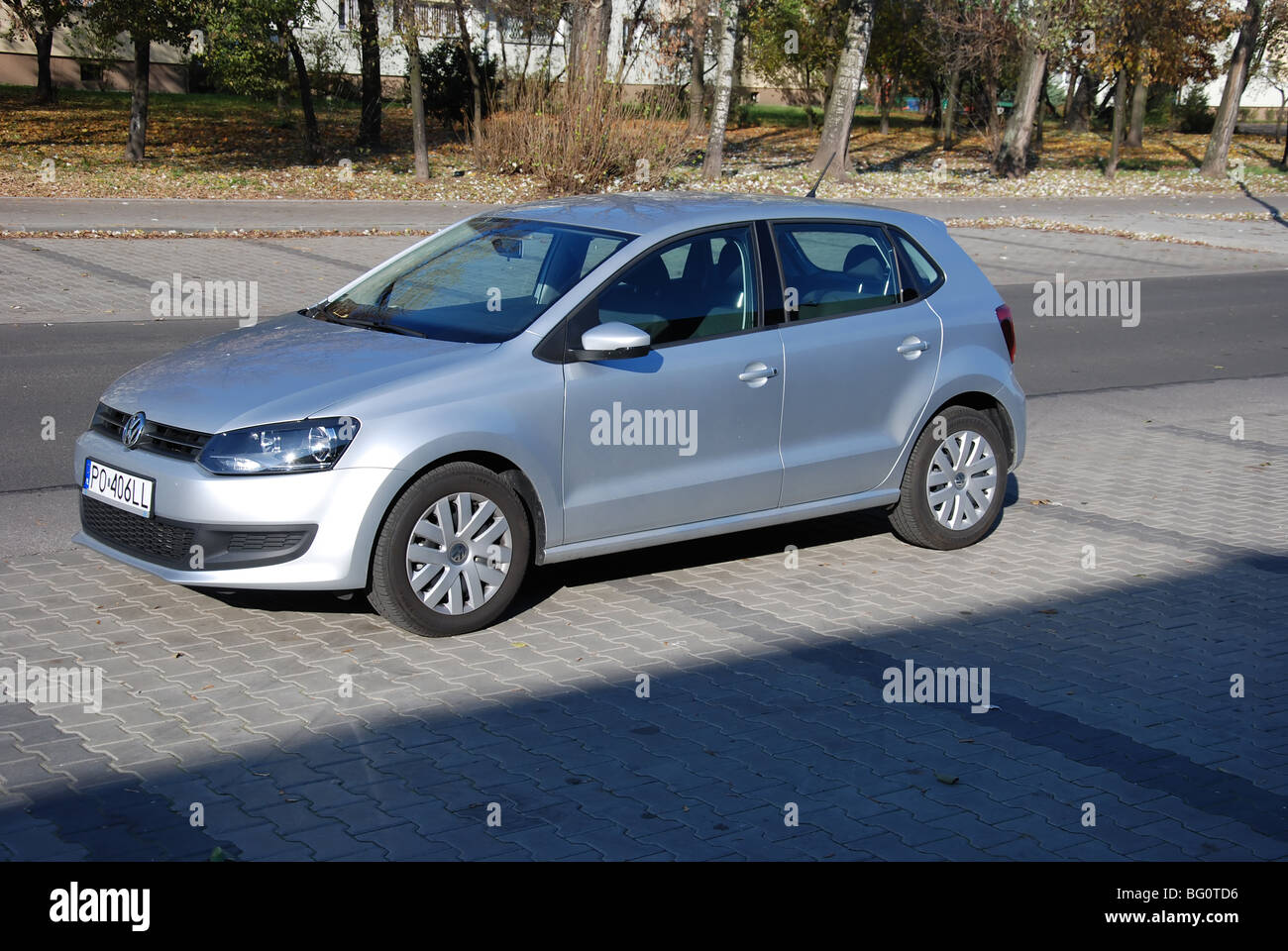 Volkswagen Polo 1.6 TDI - 2009 - silver - five doors (5D) - German  subcompact city car - on parking space. Exterior Stock Photo - Alamy