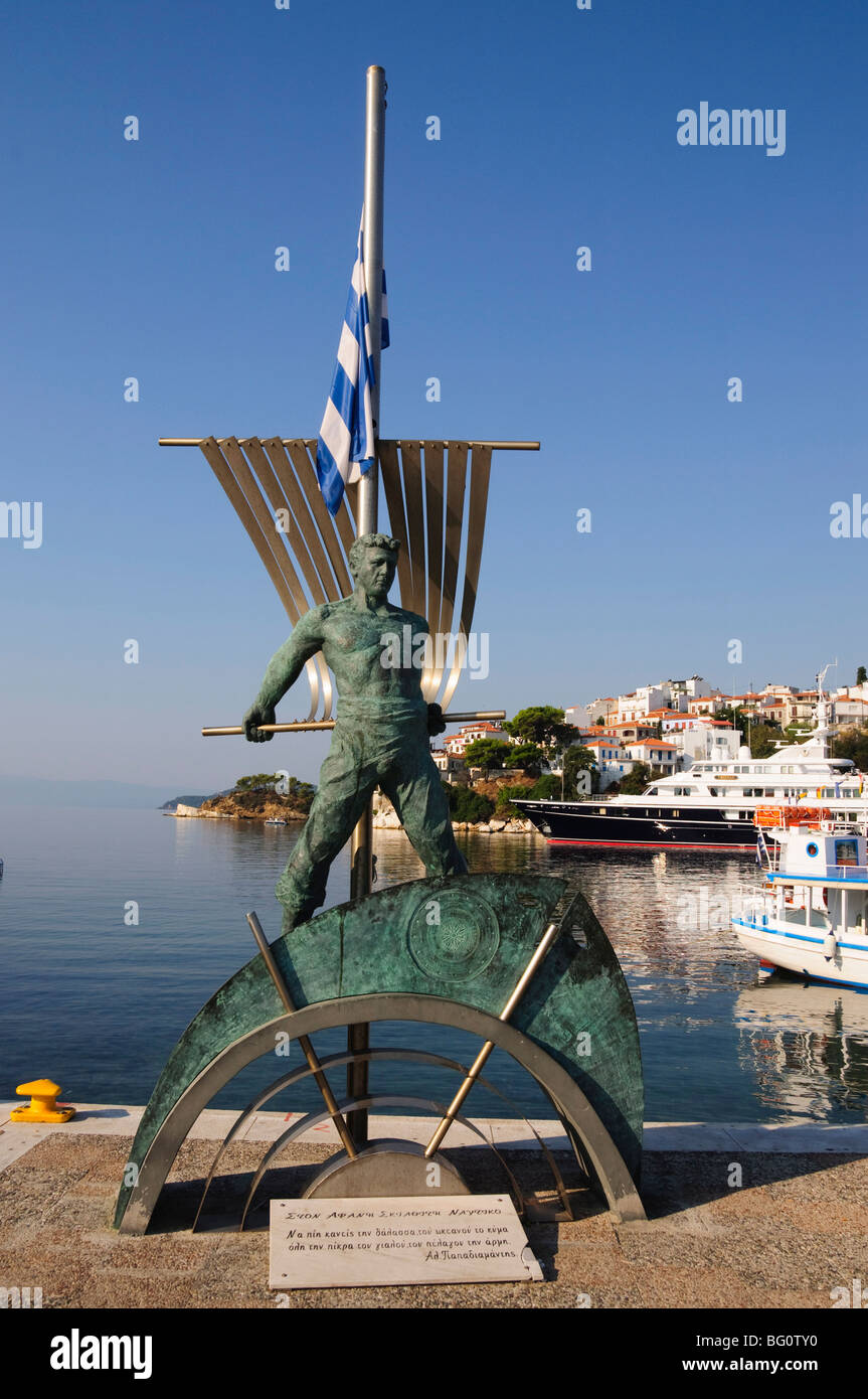 Alexander Papadiamantis statue In The Harbour, Skiathos Town, Skiathos, Sporades Islands, Greek Islands, Greece, Europe Stock Photo