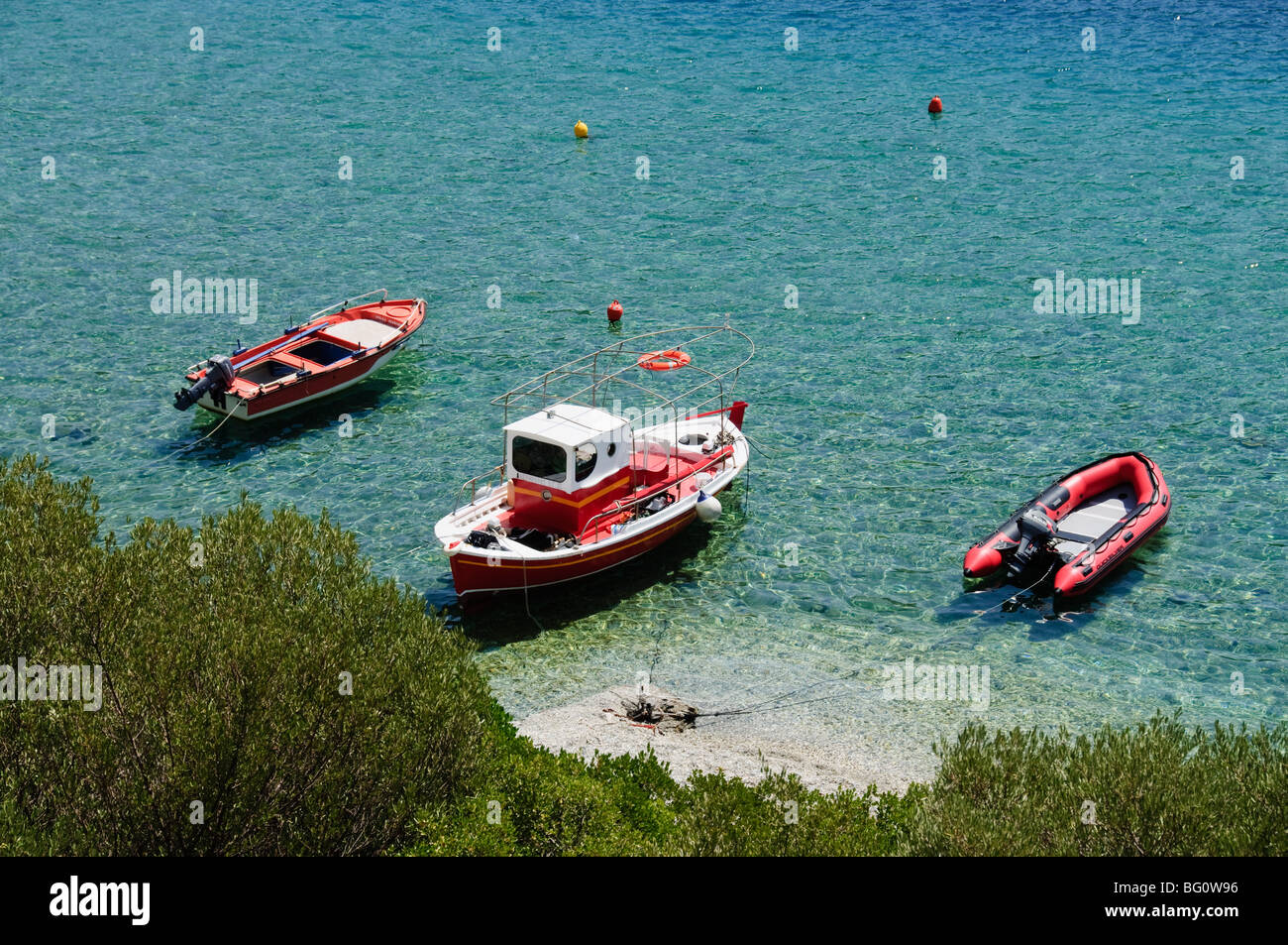 Boats moored at Panormos, Skopelos, Sporades Islands, Greek Islands, Greece, Europe Stock Photo