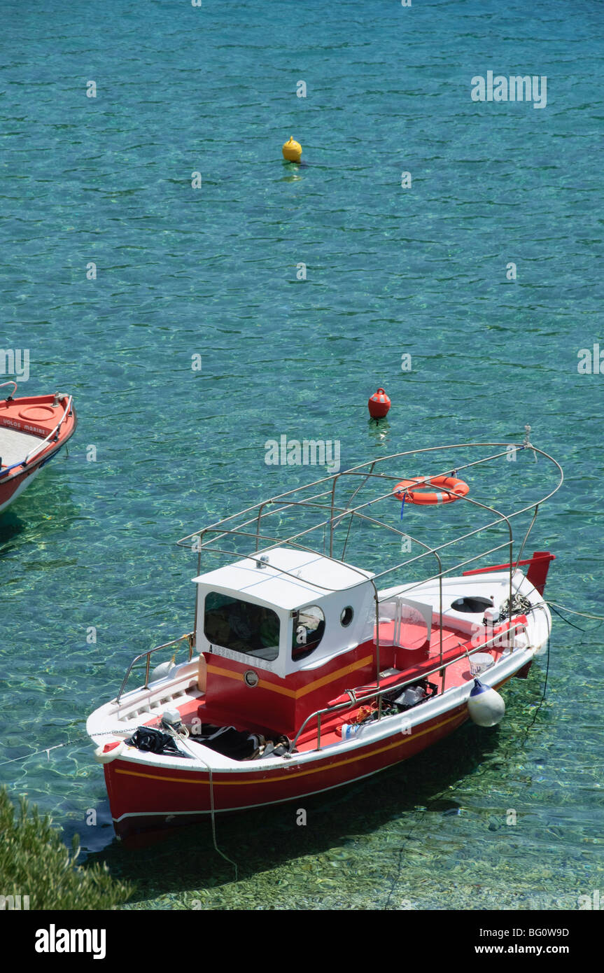 Boats moored at Panormos, Skopelos, Sporades Islands, Greek Islands, Greece, Europe Stock Photo
