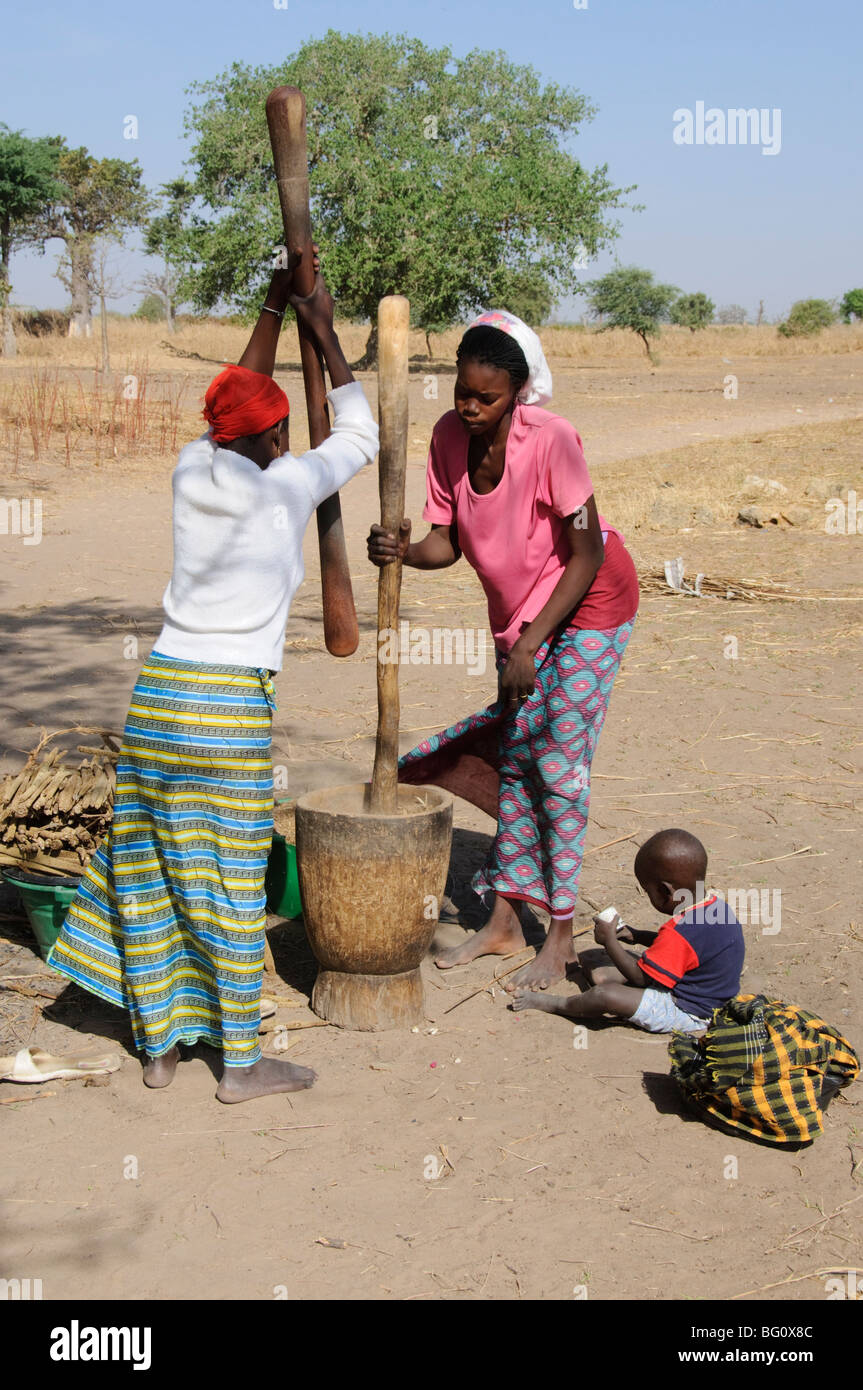 Pounding millet, Serer (Serere) Tribal Village, Senegal, West Africa, Africa Stock Photo
