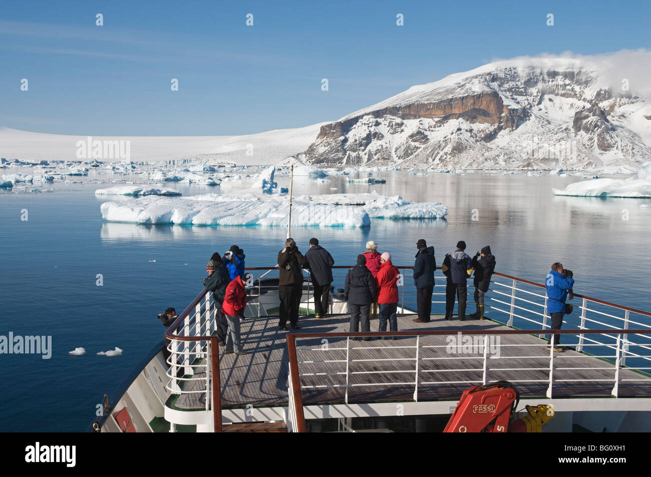 Ship approaching Brown Bluff, Antarctic Peninsula, Antarctica, Polar Regions Stock Photo