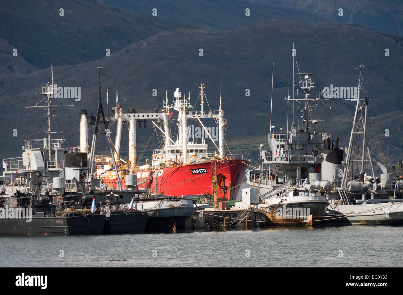 Ships in docks in the southernmost citiy in the world, Ushuaia, Argentina, South America Stock Photo