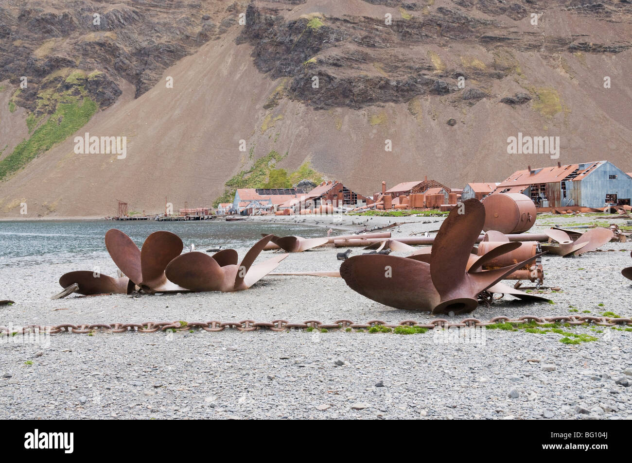 Propellers in front of old whaling station at Stromness Bay, South Georgia, South Atlantic Stock Photo