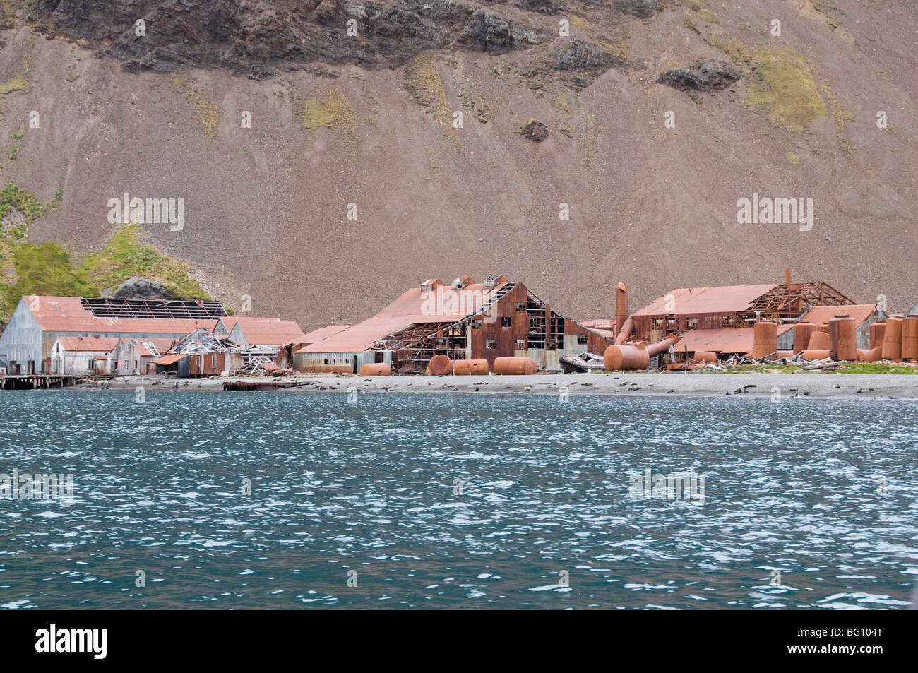 Old whaling station at Stromness Bay, South Georgia, South Atlantic Stock Photo